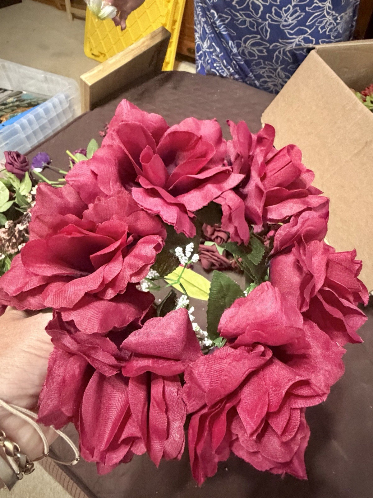 Large Lot / Box of Miscellaneous Artificial Silk Flowers – Burgundy Shades