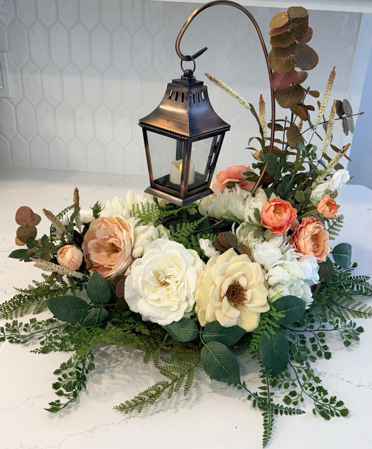 Artificial Lantern Floral Centerpiece Arrangement, Rose Eucalyptus Fern Green