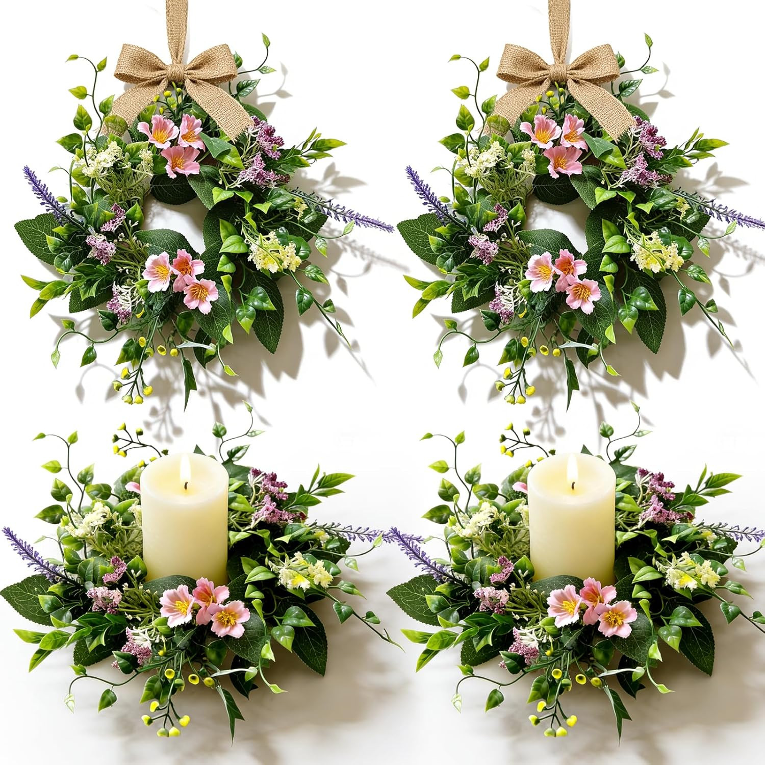 4 Pcs Small Spring Summer Candle Ring Wreaths with Artificial Pink Flower Purple