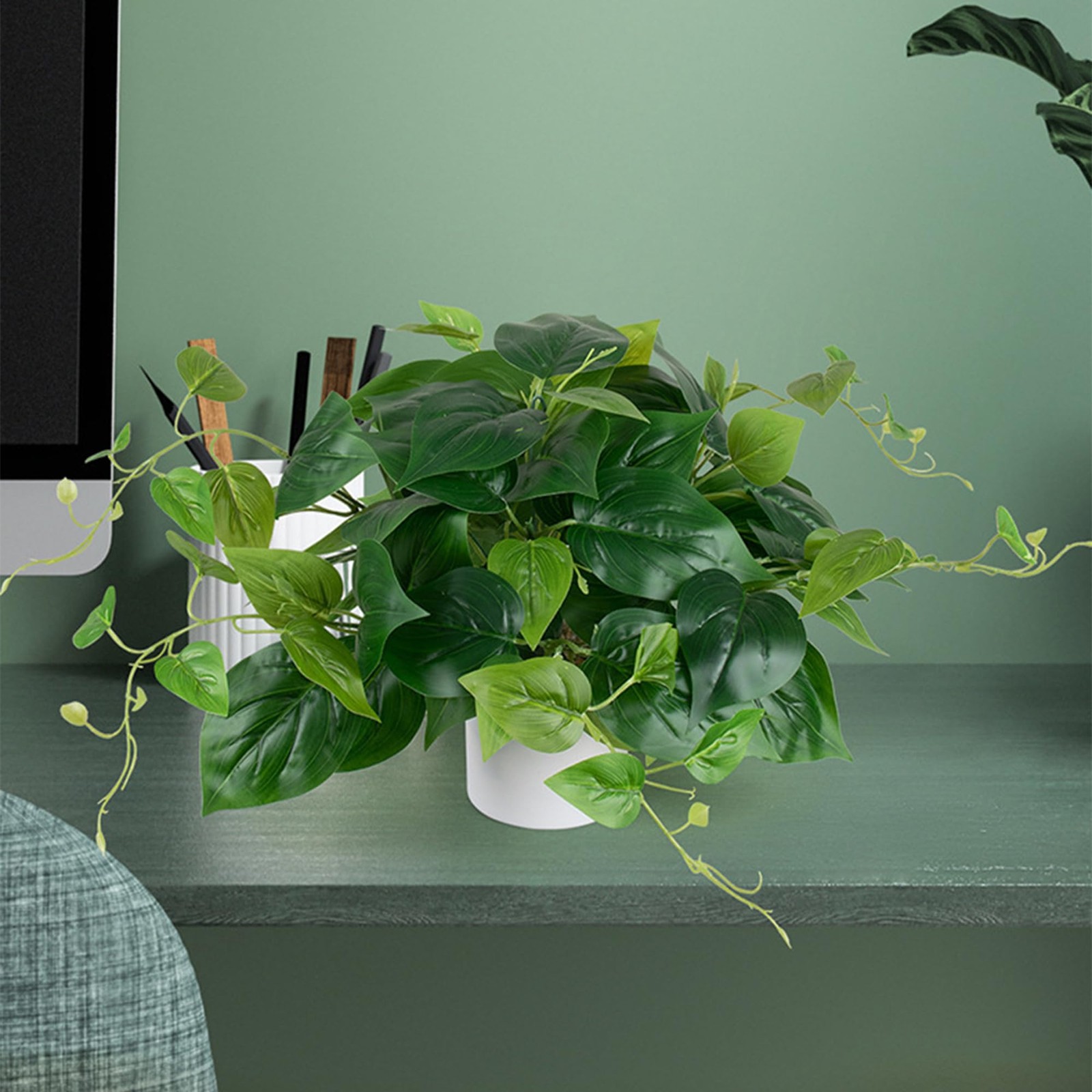 Artificial Pothos Plant with Plastic Pot – Fake Indoor Faux Plant for TV Stan…