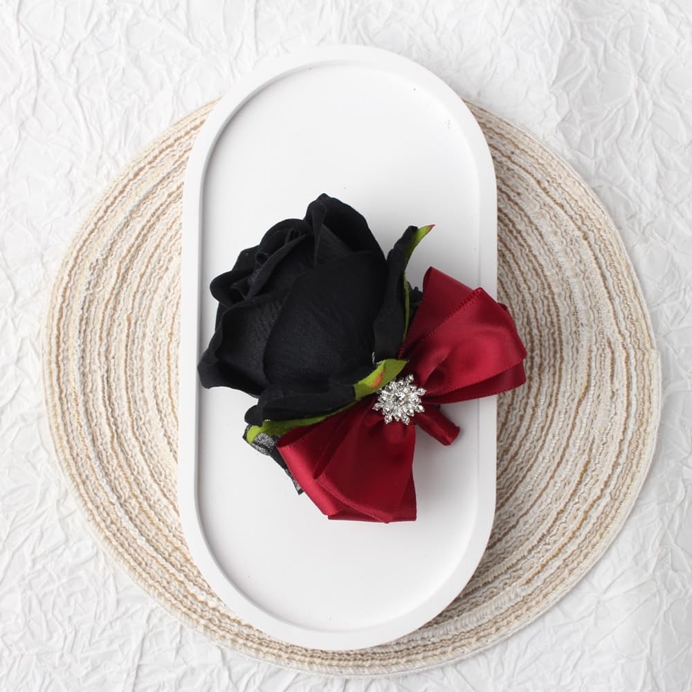 2 PCS Red Black Rose Wrist Corsage Boutonniere Set Wedding Prom Party Decor