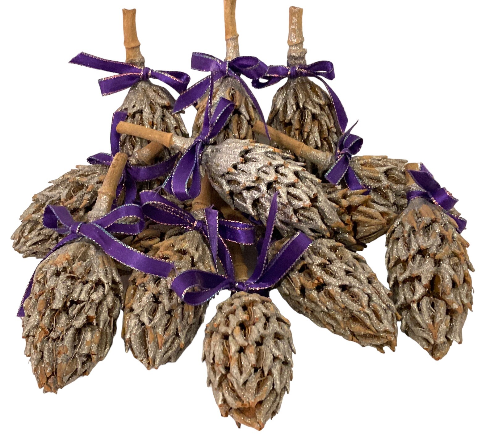13 Magnolia Seed Pods Decor Silver Glittered Purple Ribbon Bows