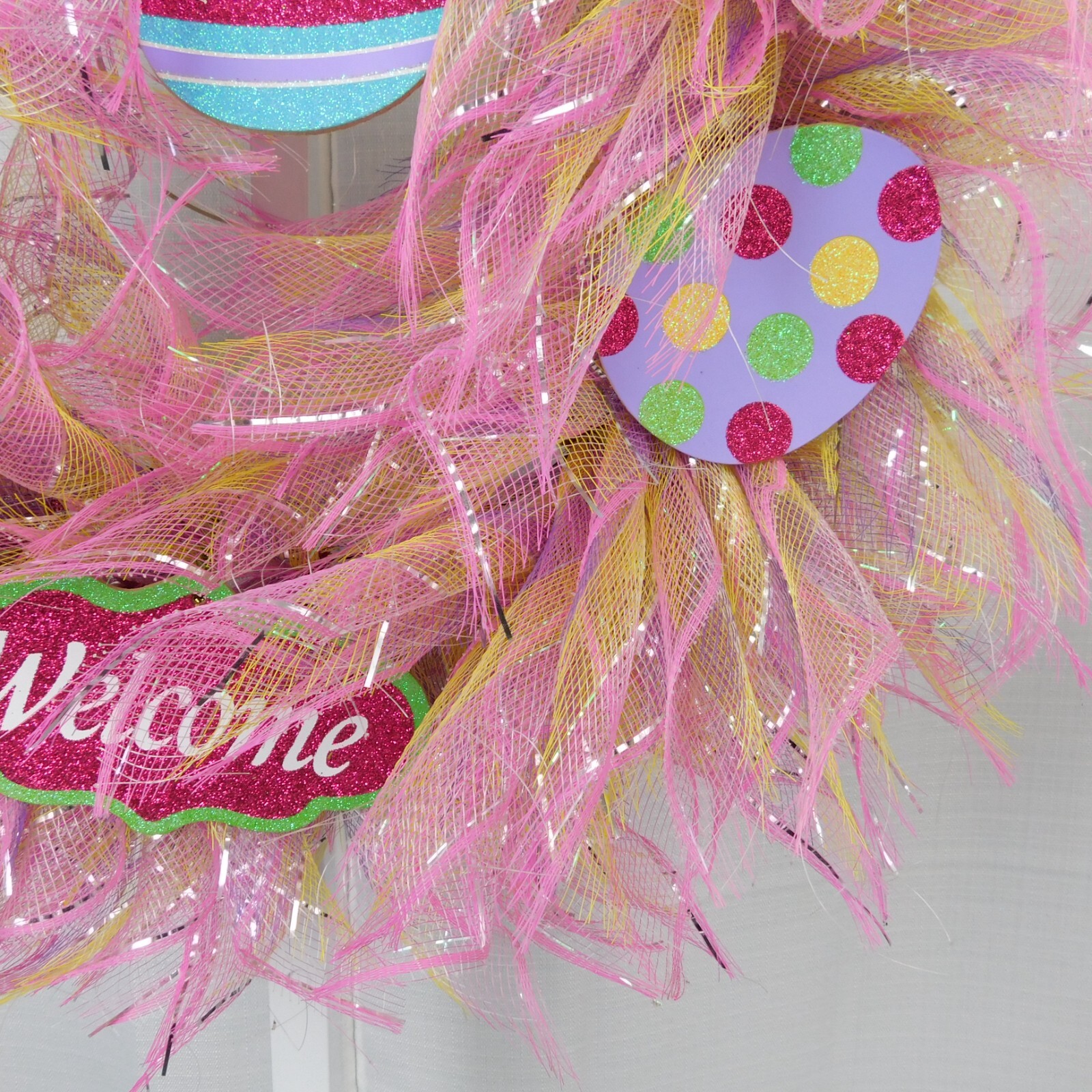 Handmade Mesh Wreath Easter Pastel Glitter Eggs Welcome Sign Metallic Pink #C317