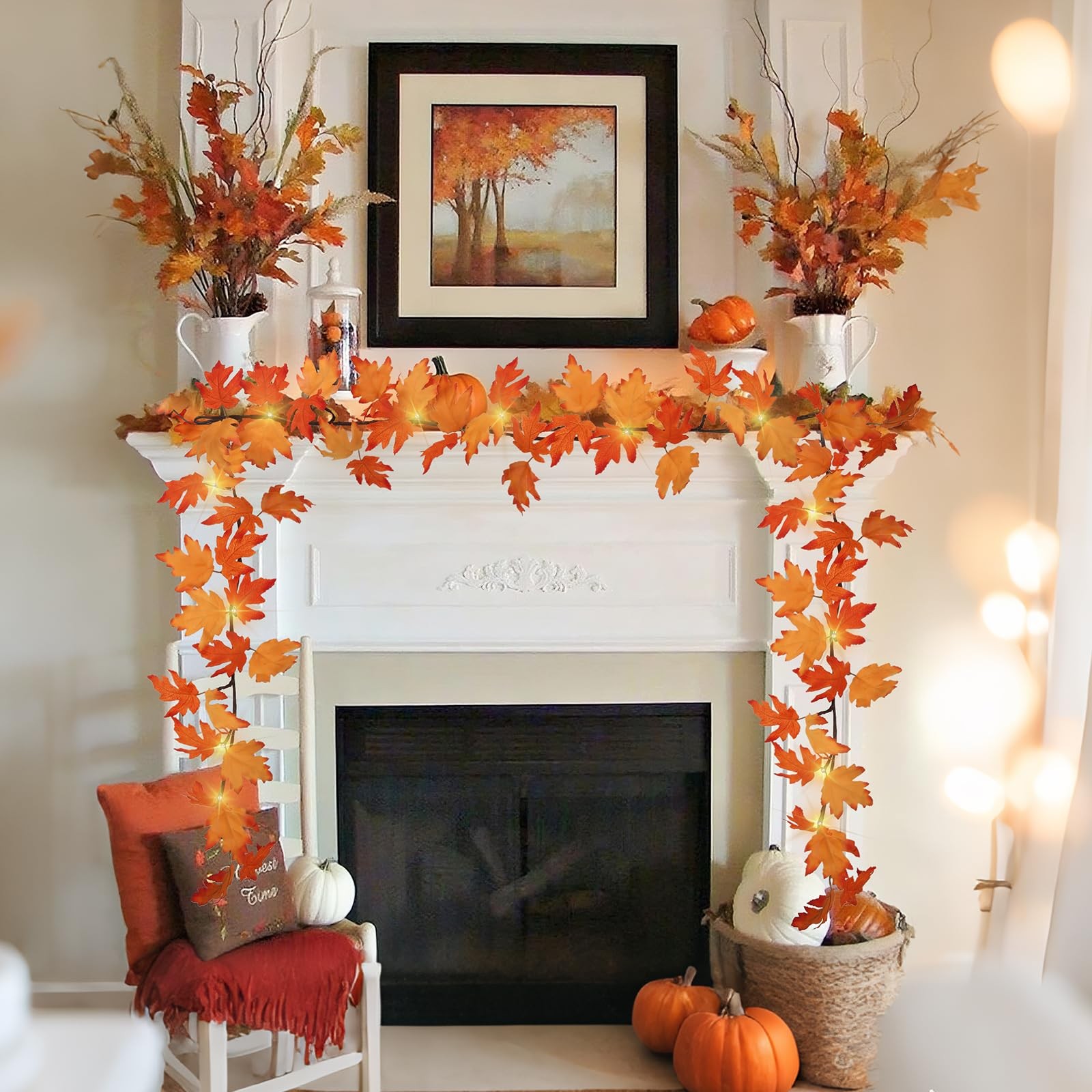 6FT Fall Maple Leaf Garland with 24 LED Lights Outdoor Fall Halloween Thanksg…