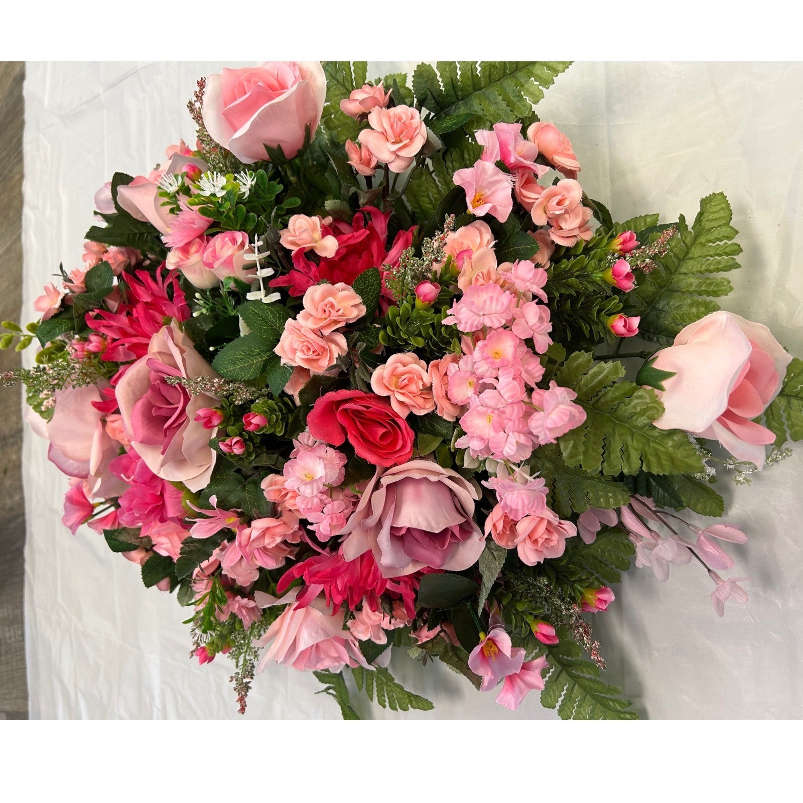 Pink Rose and Daisy Artificial Floral Cemetery Saddle Spray Arrangement 28in