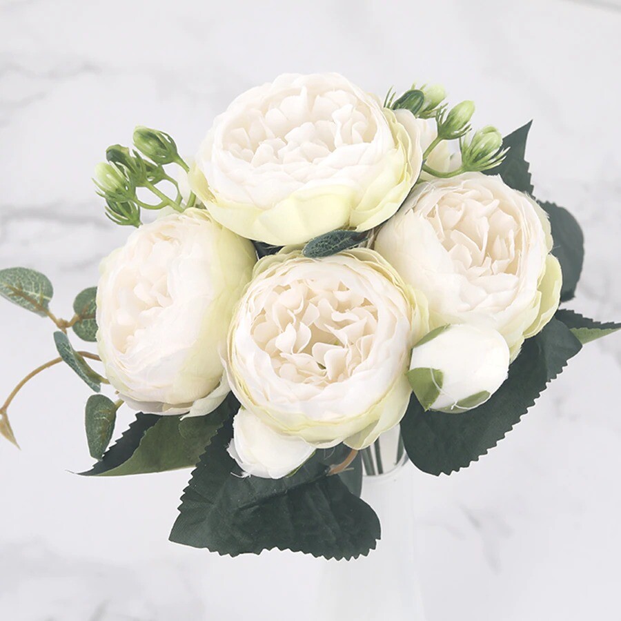 30cm Rose Pink Silk Peony Artificial Flower Bouquet 5 Big Head 4 Bud Flowers DIY