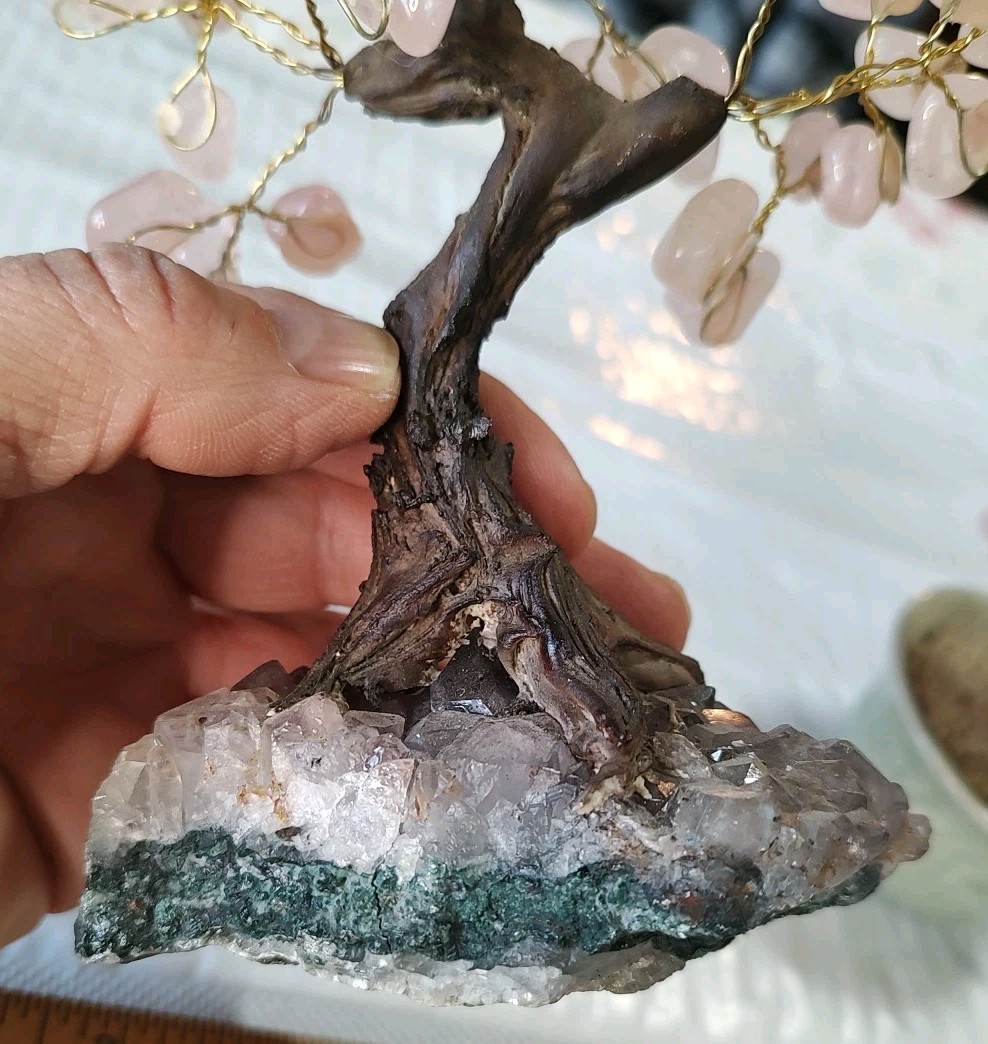 2 Vintage Glass Bonsai Tree Pink Cherry Blossom Artificial Plant Oriental