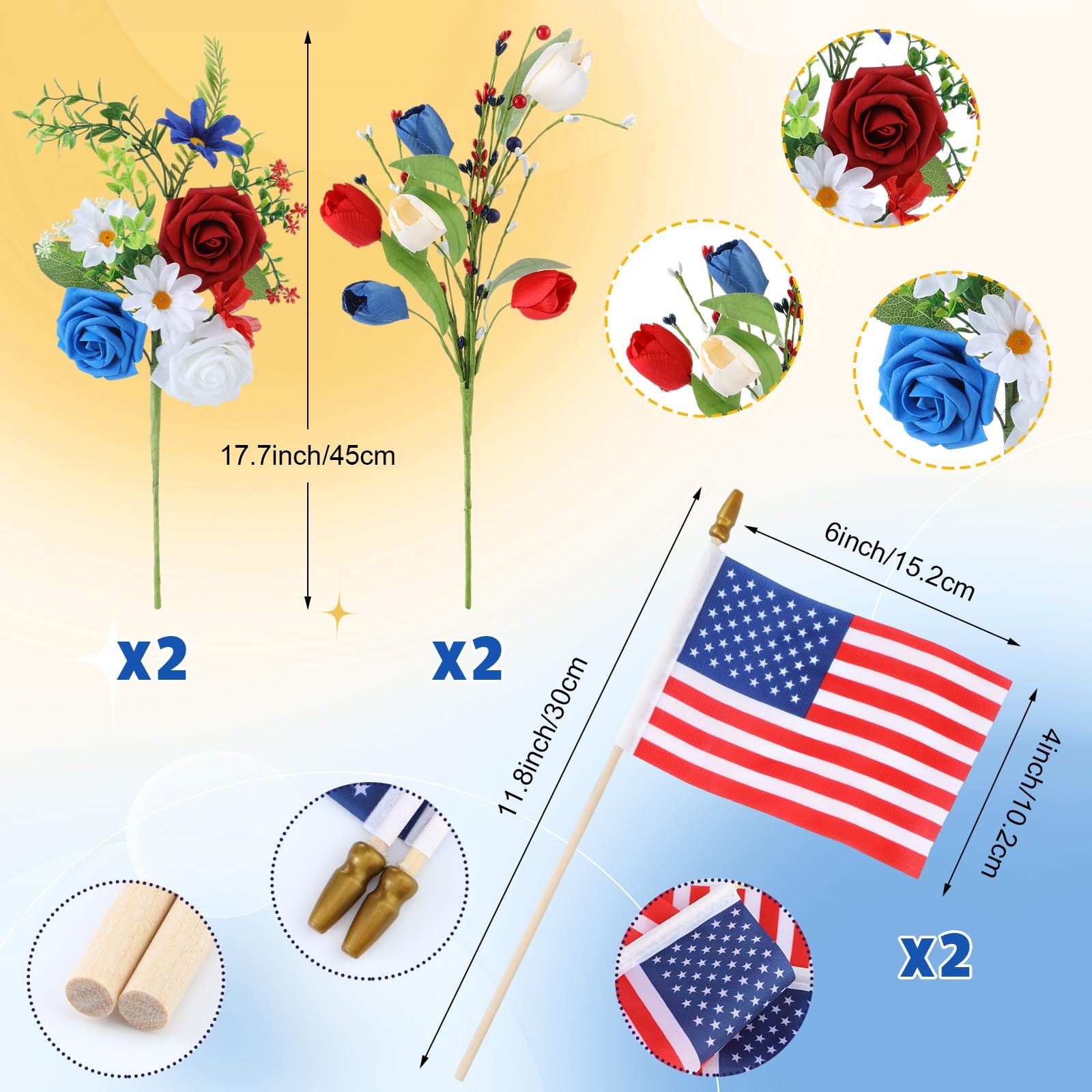 4 Bundles Memorial Day Flowers For Cemetery Artificial Grave Bouquet Flags
