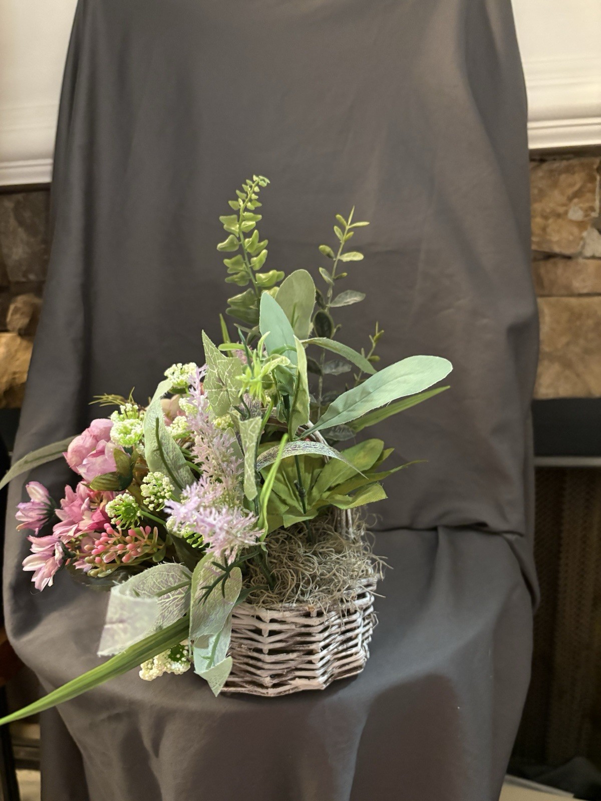 New Handmade Floral Arrangement 15 X 21” Purple Flowers In Heart Basket SKU HW6