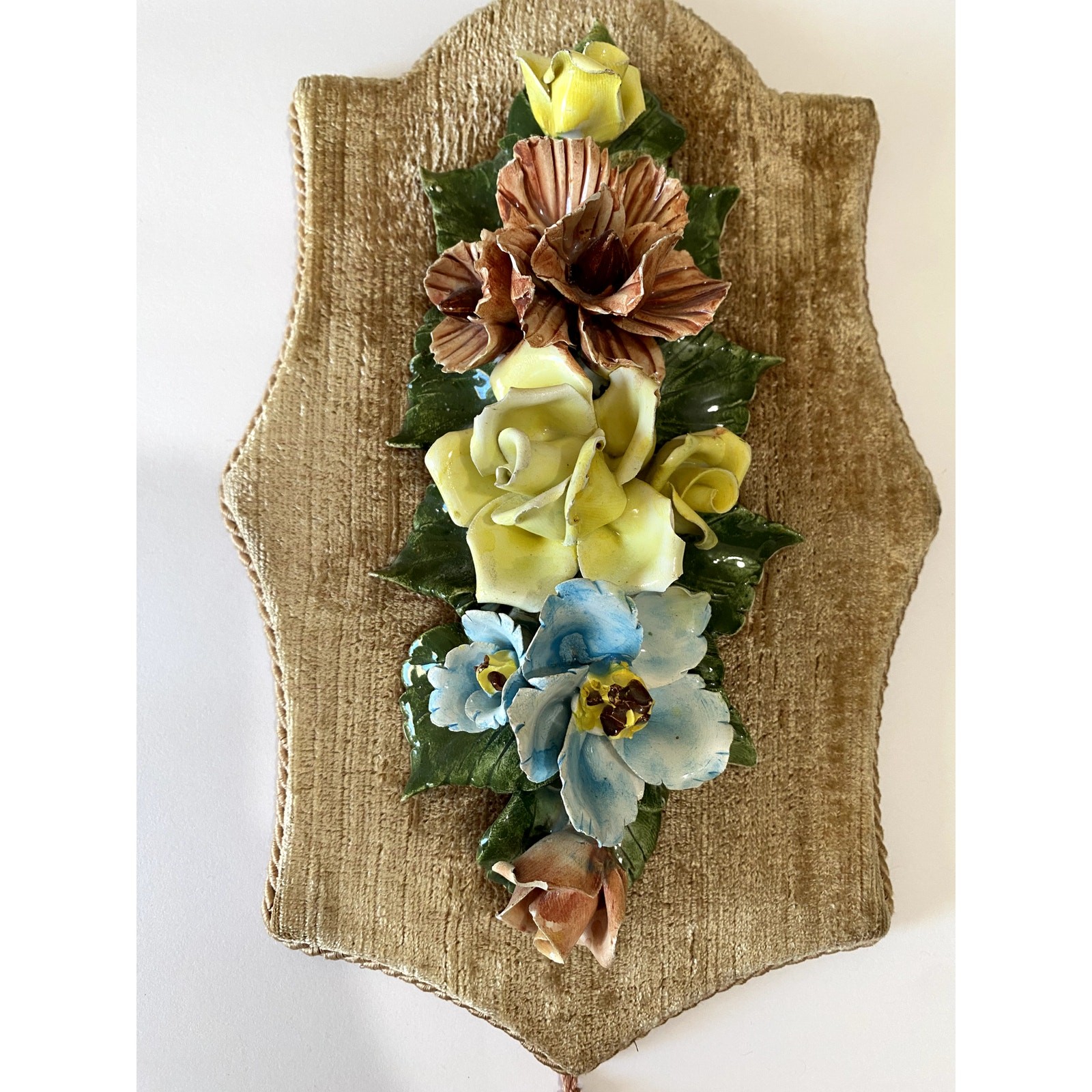 Capodimonte Floral Wall Plaque Porcelain Italy 1960s Velvet Back Tassel 12”