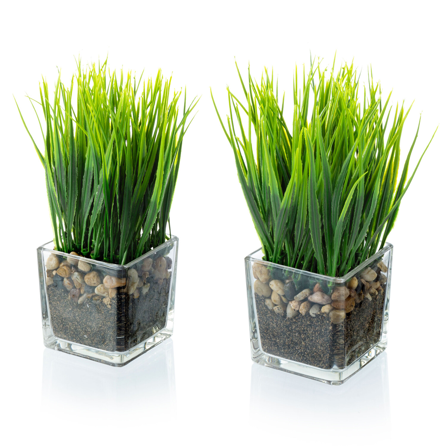 Decorative Potted Greenery Plant in Tabletop Planter Artificial Grass, Set of 2