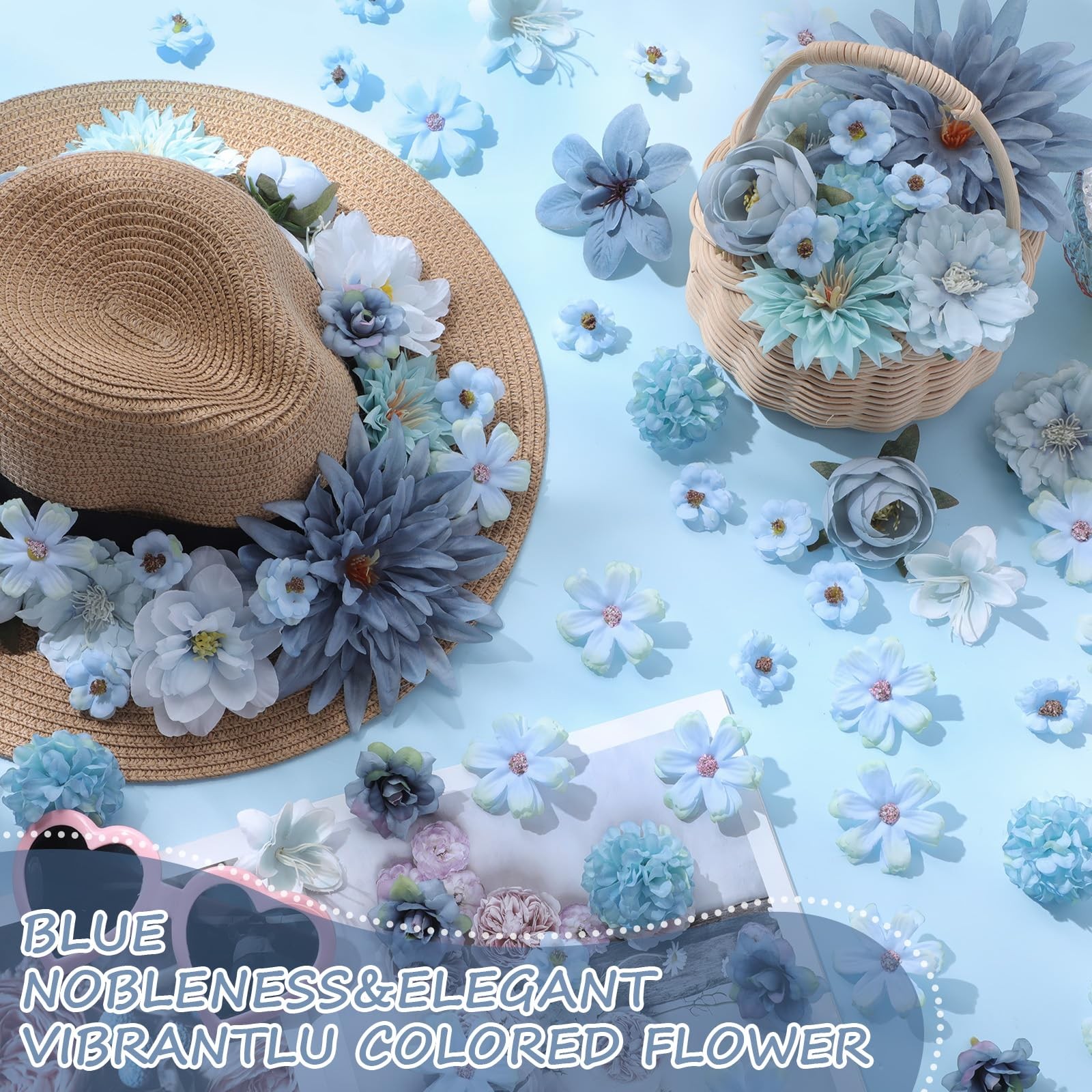80 PCS Blue Assorted Fake Flower Heads Mini Artificial Silk Daisy Peony