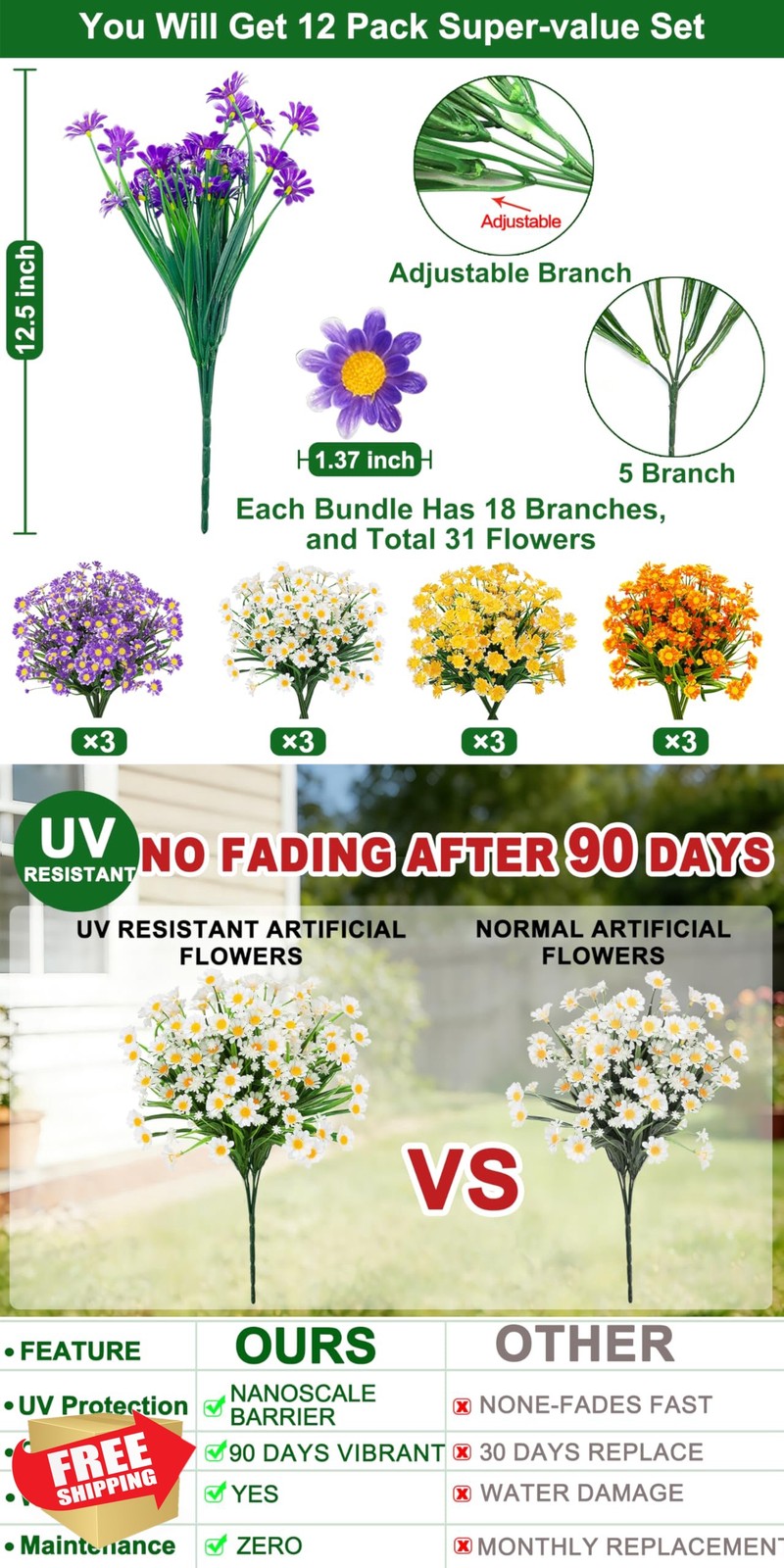12 Bundles Mix Color Daisy Faux Flowers UV Resistant Outdoor