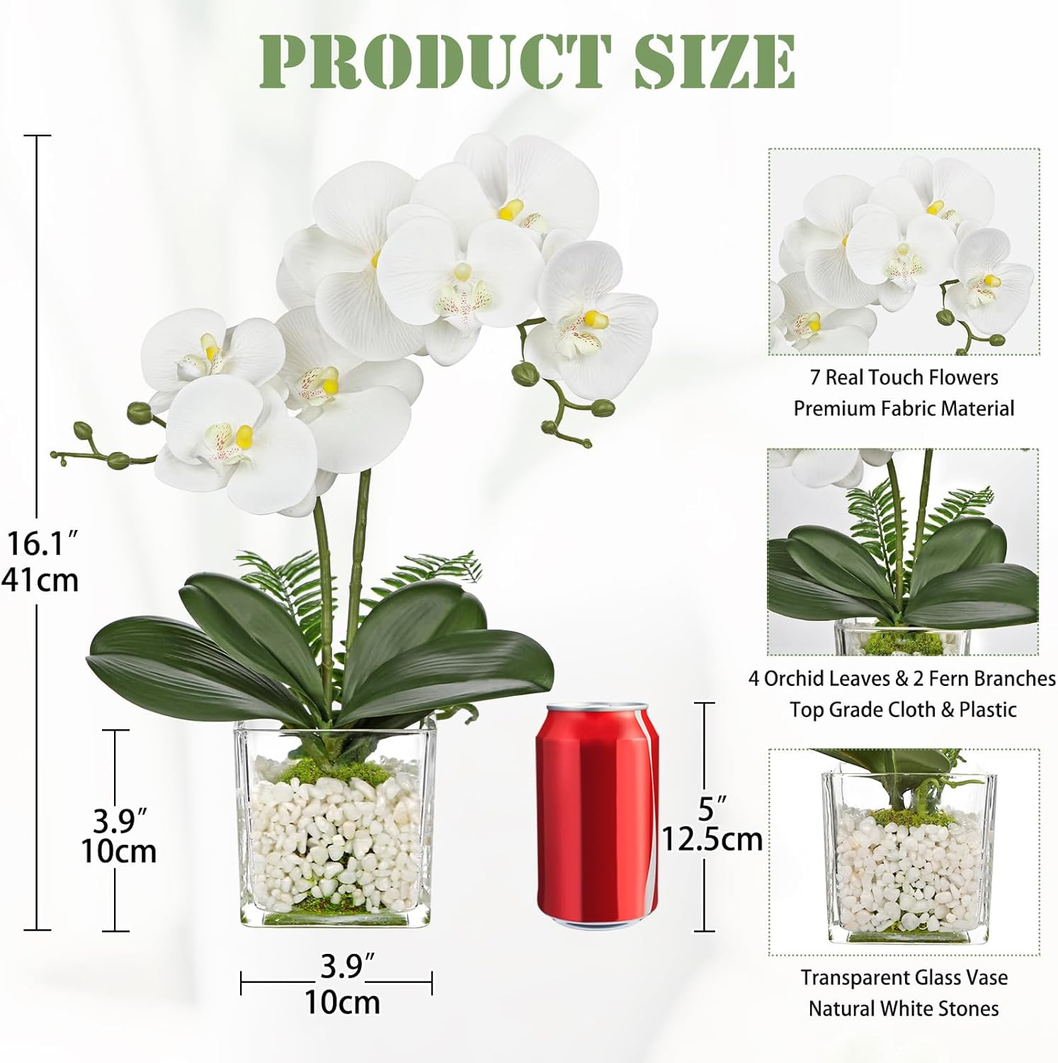 Elegant White Orchid Faux Flowers in Pot – 16.1″ Centerpiece Decor