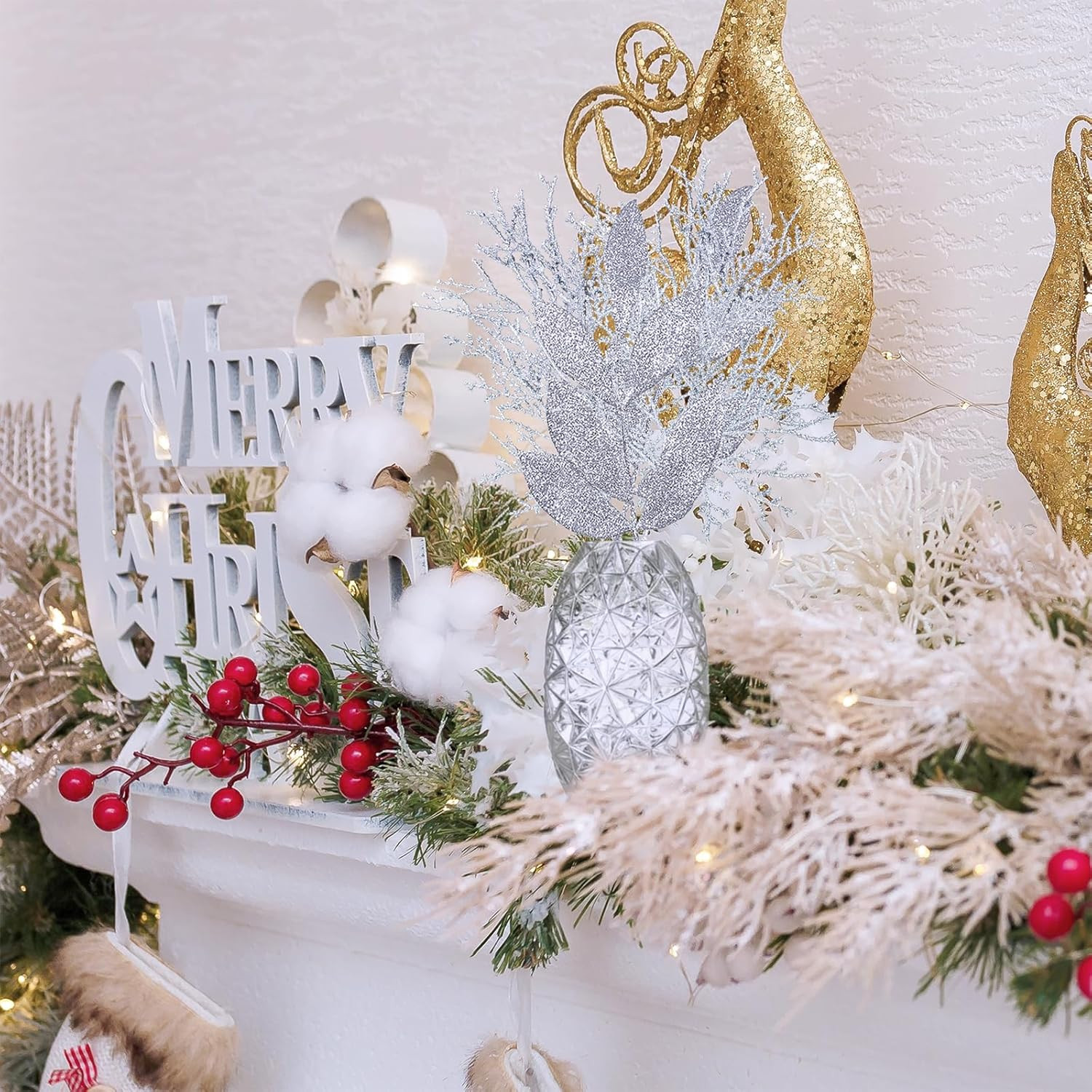 Winlyn 30 Pcs Christmas Artificial Leaf Sprays Cedar Picks Silver Glittered Chri
