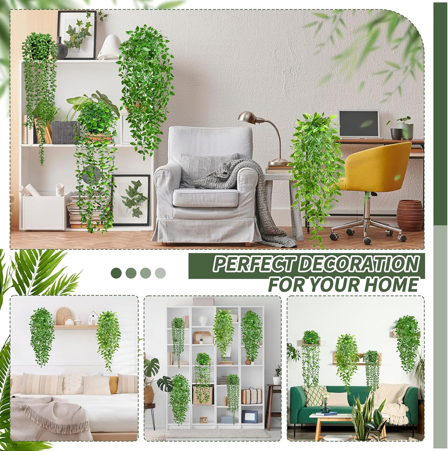 4 Pack Faux Artificial Hanging Plants, UV Resistant Fake Potted Greenery with Eu