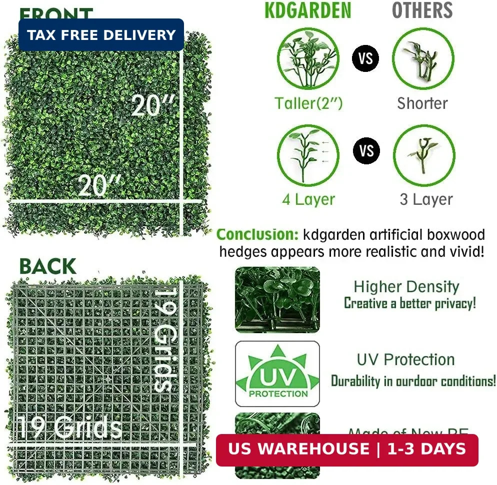 6PCS 20″x20″ Artificial Boxwood Panels Topiary Hedge Plant UV Protected Faux Gra