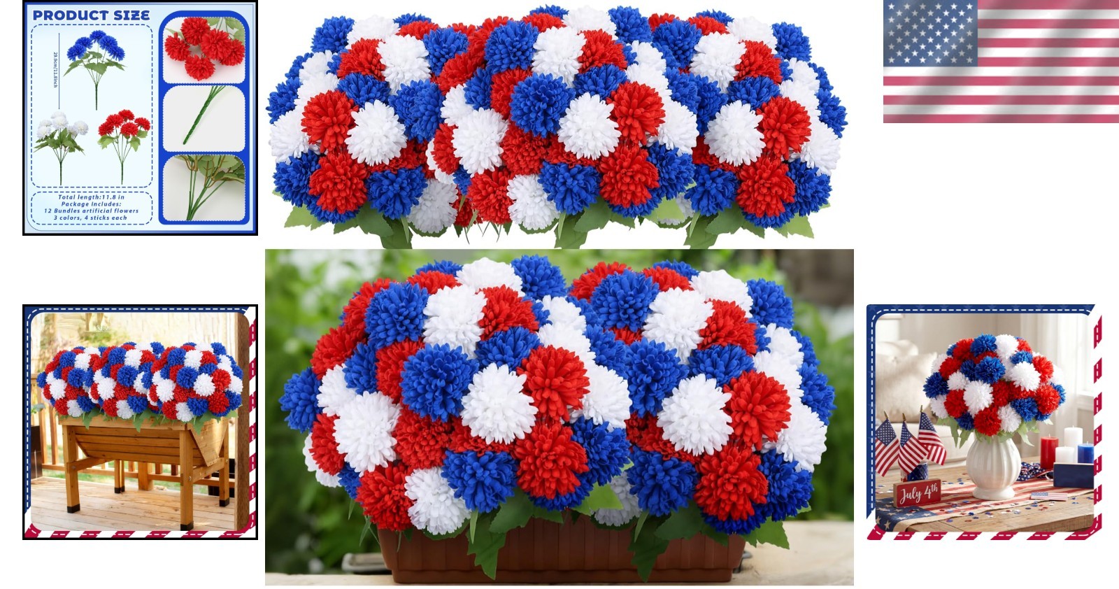 Vibrant 12-Piece Patriotic Chrysanthemum Flower Set for 4th of July Celebrations