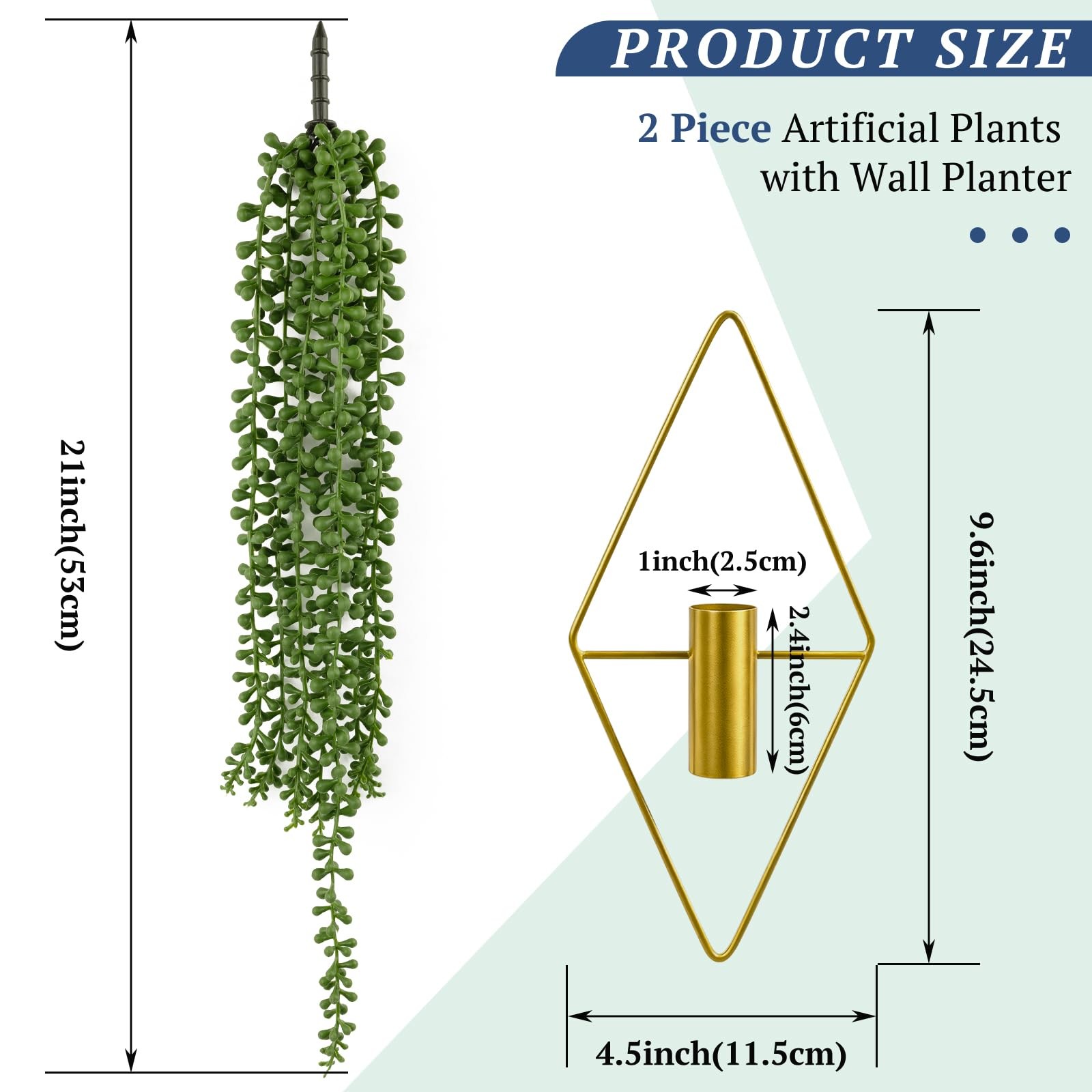 2 Pack Artificial Hanging Plants with Geometric Metal Wall Planter, Faux Stri…