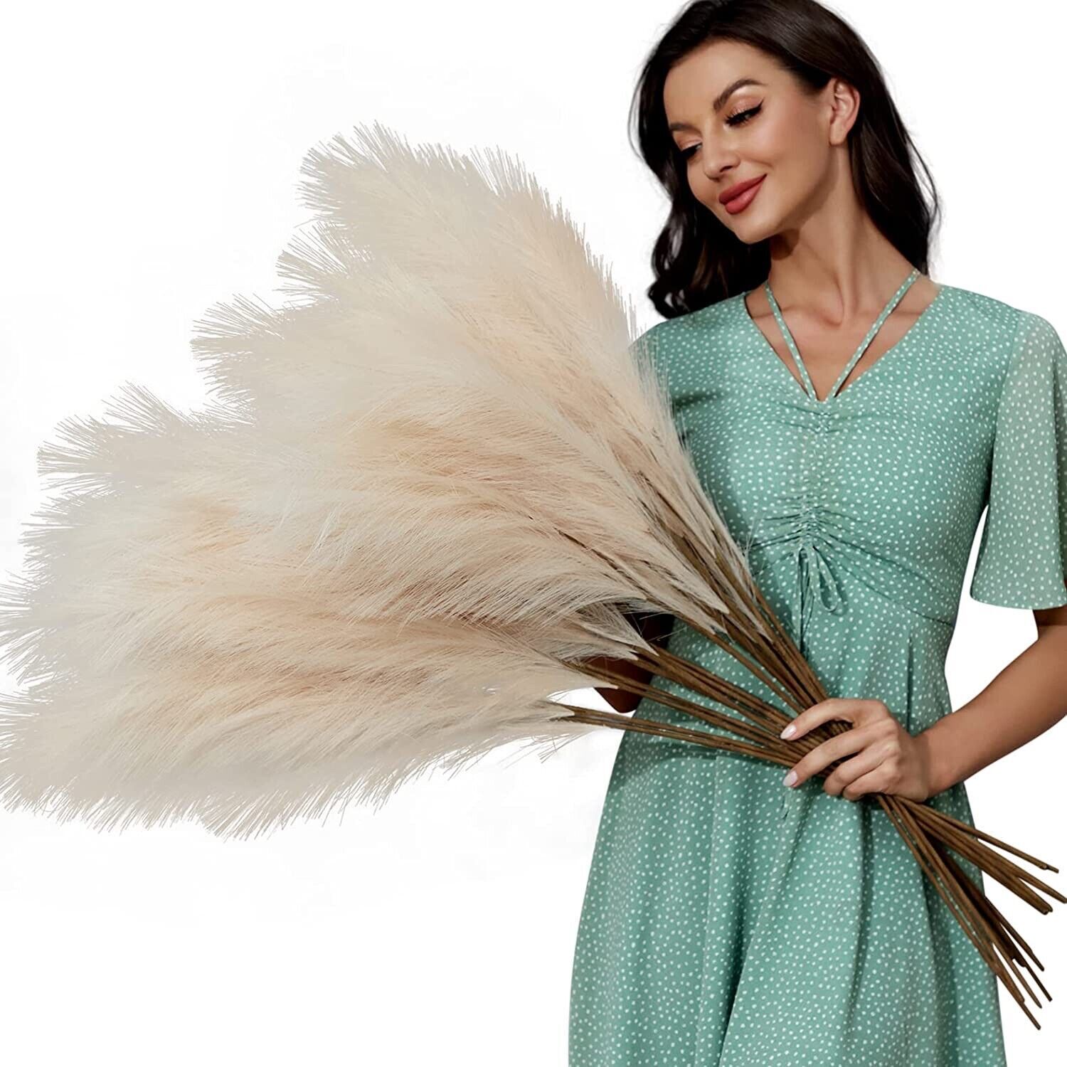 8 PCS Faux Pompous Grass Decor 38″/3.1′ Tall Fake Floral Large Bouquet – Biege