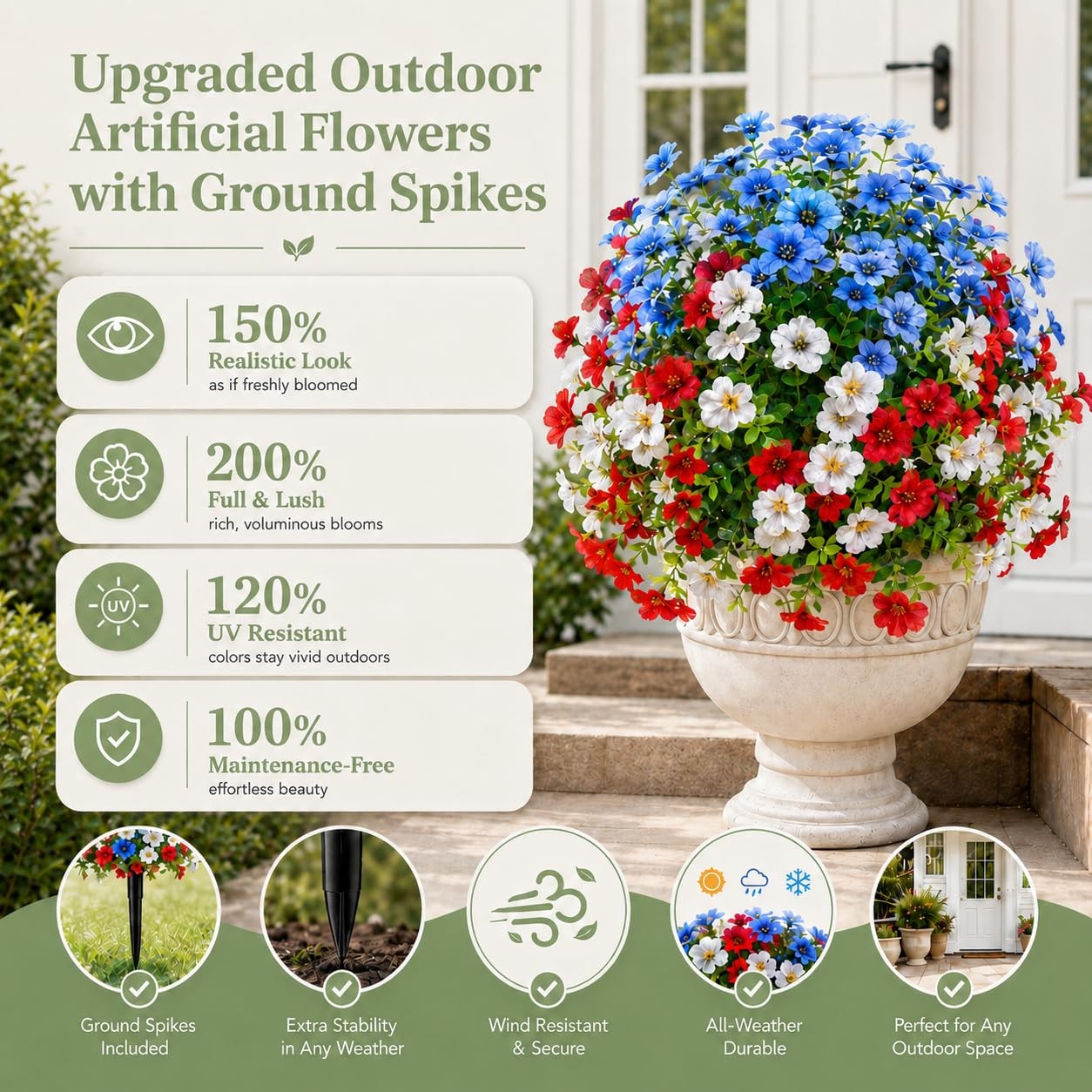 22″ Red White Blue Artificial Flowers with Ground Stakes, 4th of July Decor U…