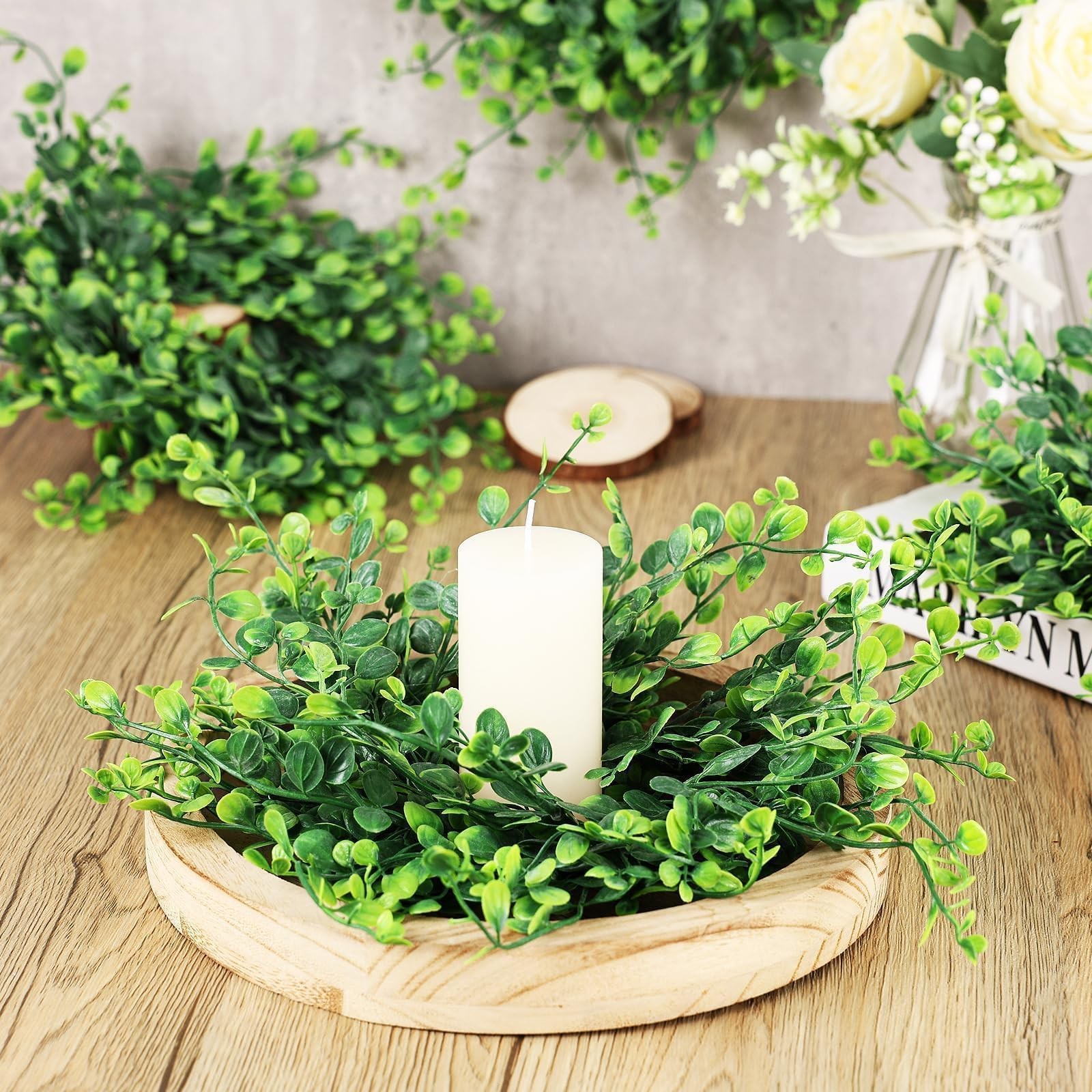 12 Pcs Mini Green Boxwood Candle Rings Wreaths Spring Summer Kitchen Cabinet Swa