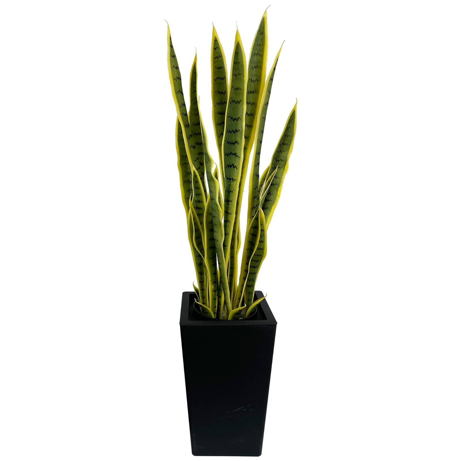 90cm Golden Edge Artificial Snake Plant with Tall Black Planter Minimalist House