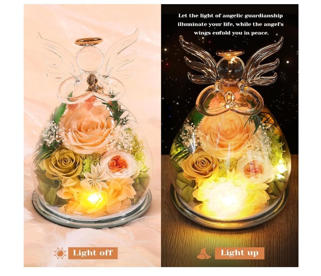 Gifts for Women Birthday Preserved Rose Forever Flower in Glass Angel Figurines