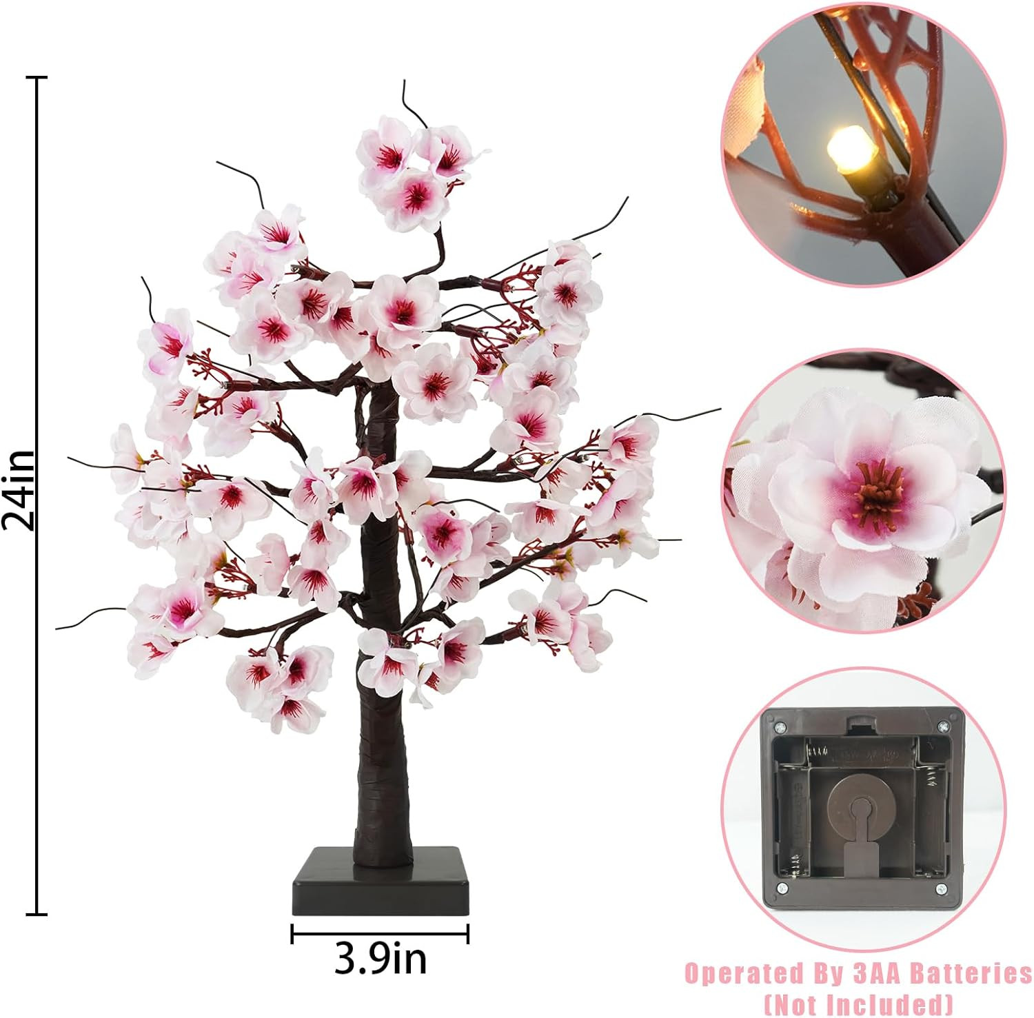 24IN Lighted Cherry Blossom Tree 24 Warm White LED Tabletop Artifical Bonsai Tre