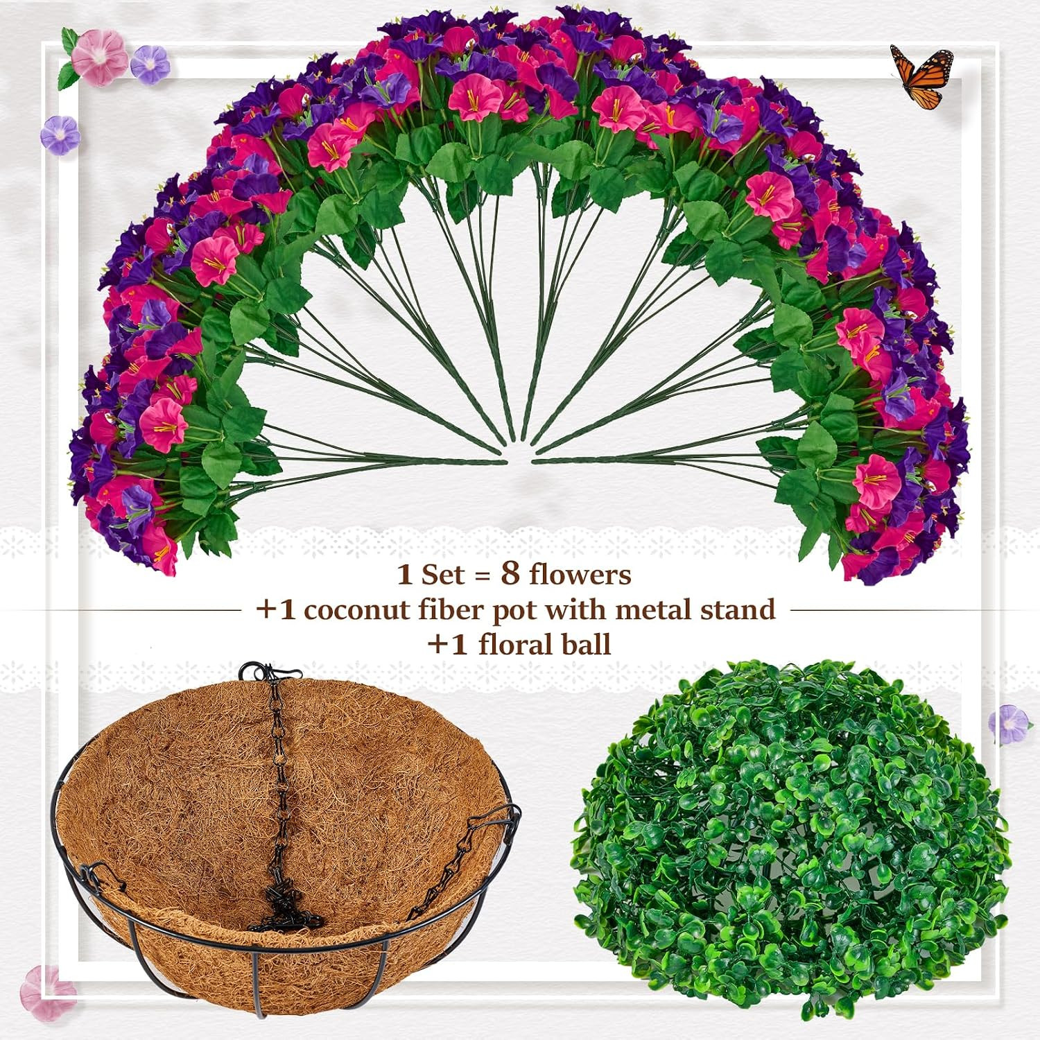 2Pack Artificial Hanging Flower Baskets for Outdoor Decor,Fuchsia & Purpleb | In