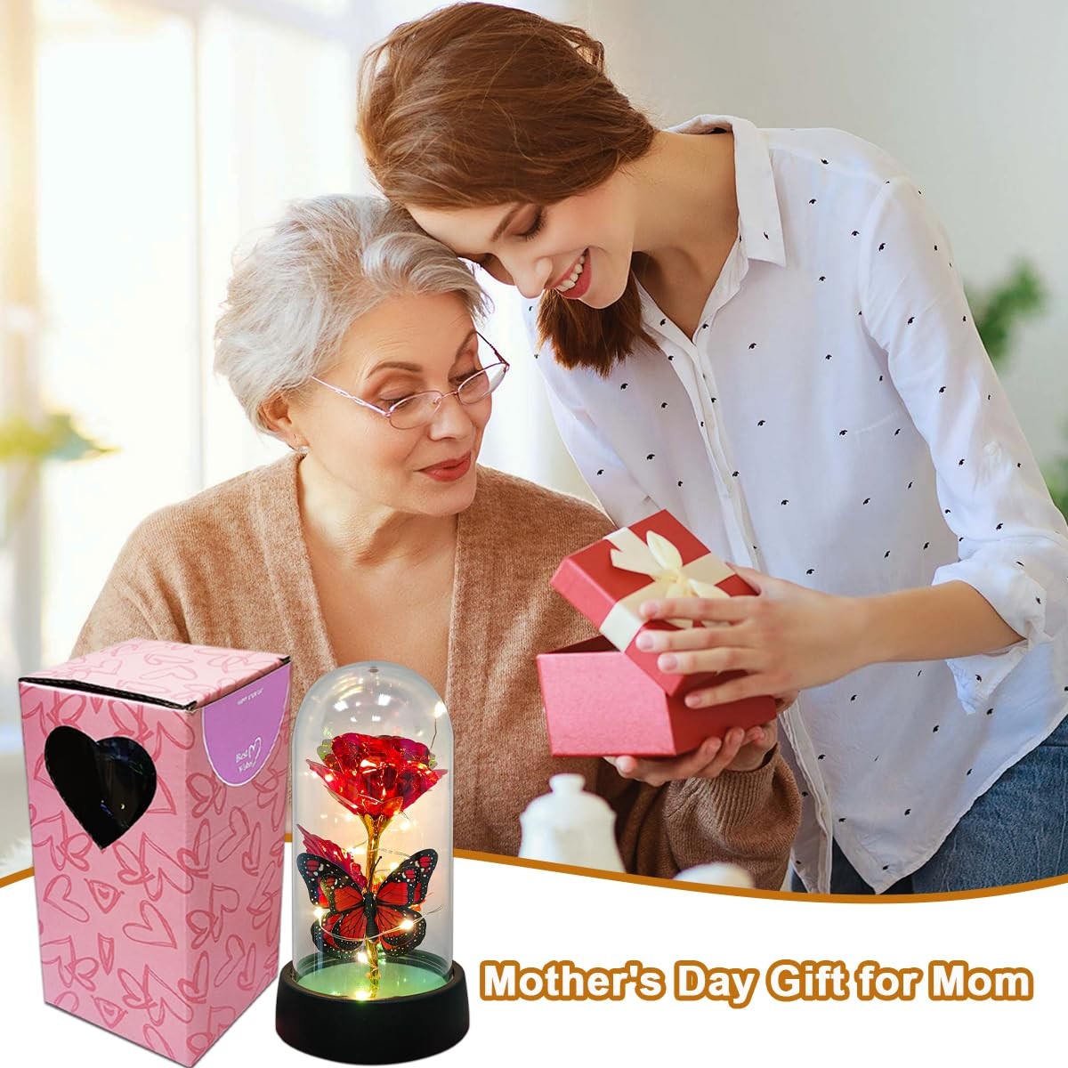 Light Up Forever Eternal Rose Flower in Glass Dome for Birthday Mother’s Day