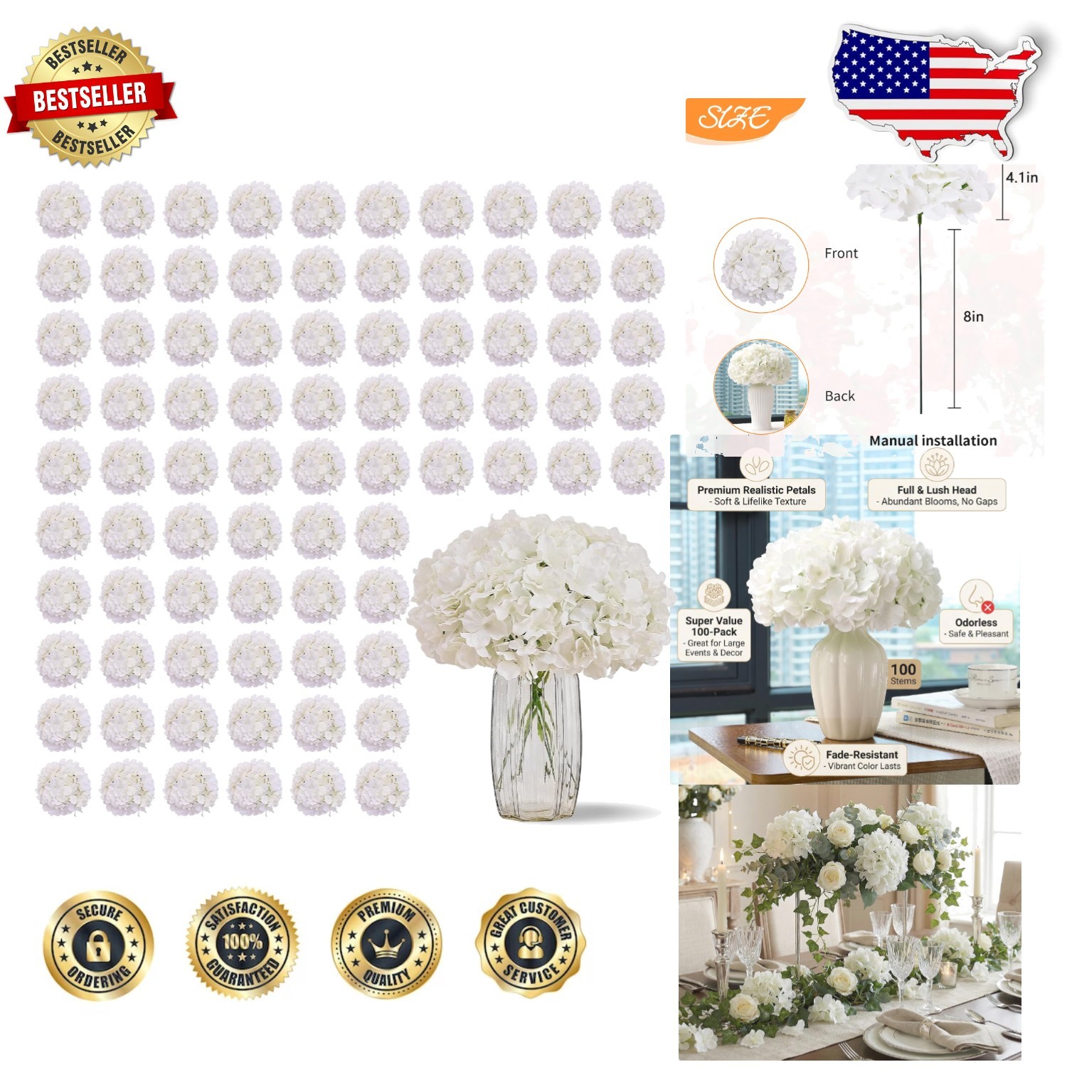 Bulk 100 Ivory Hydrangea Artificial Flowers – Lush Silk Blooms w/ Flexible Stems