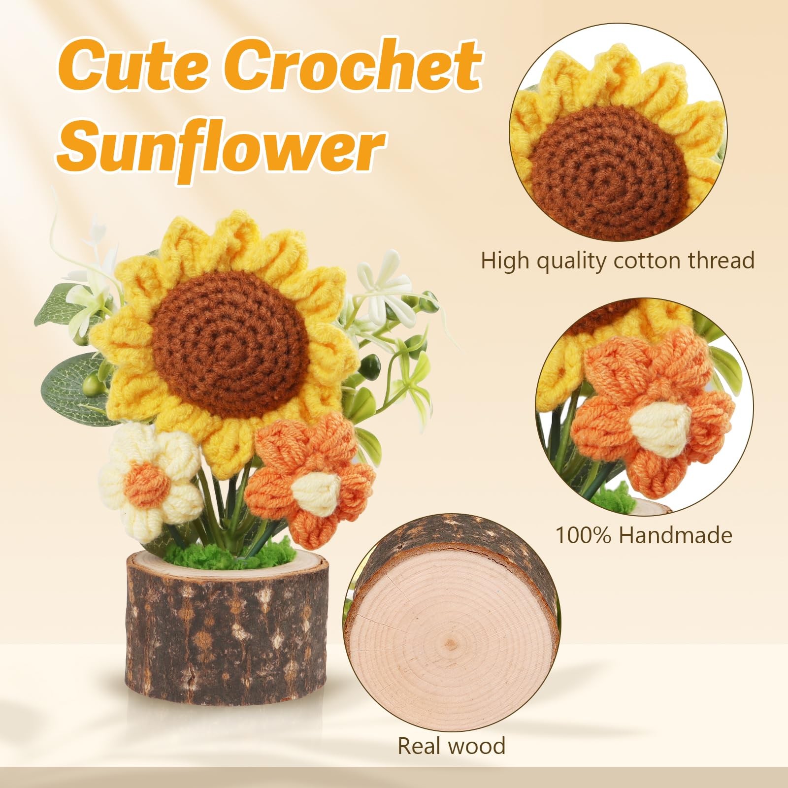 Handmade Knitted Sunflowers, Cute Crochet Flowers Bouquet with Wooden Pot Cre…