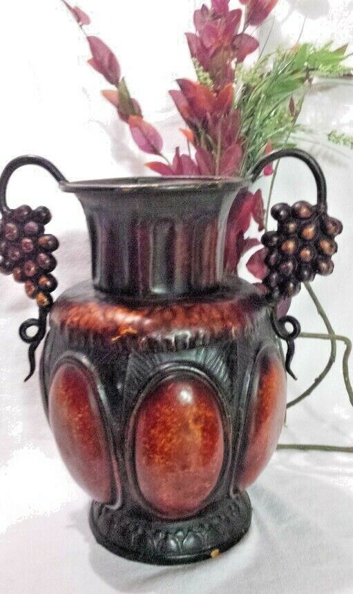 Metal Ornate Vase 13.75″ w/ Artificial Floral Sprigs Heavy Decorative Container