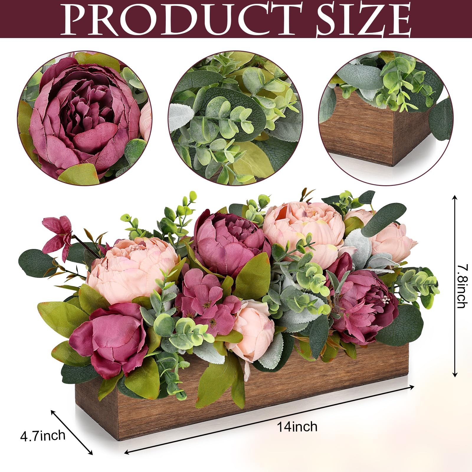 Dusty Mauve Pink Artificial Peony Fake Flower Wood Tray Table Centerpieces