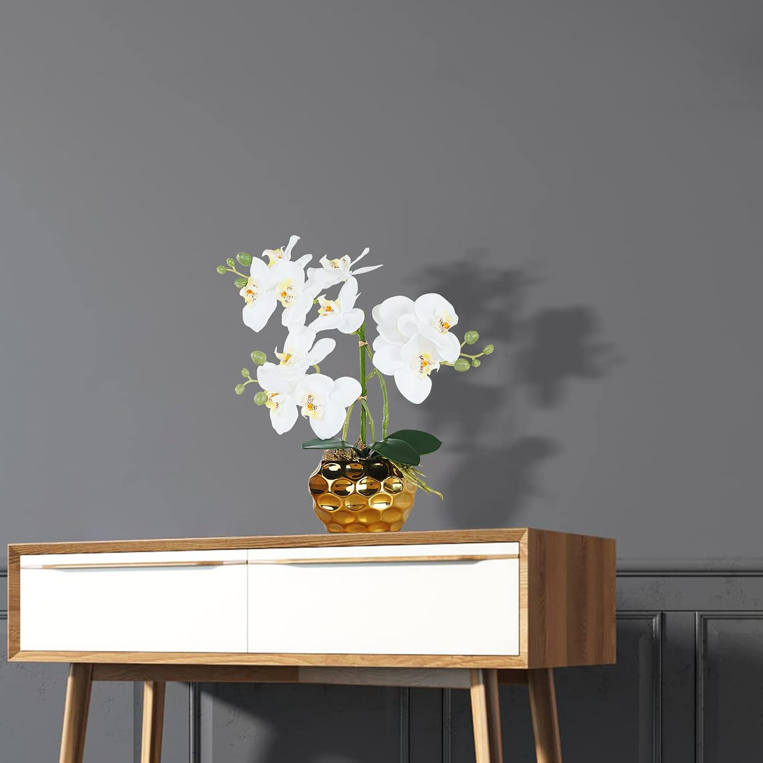 Realistic White Faux Orchid Arrangement in Ceramic Pot for Home Decor