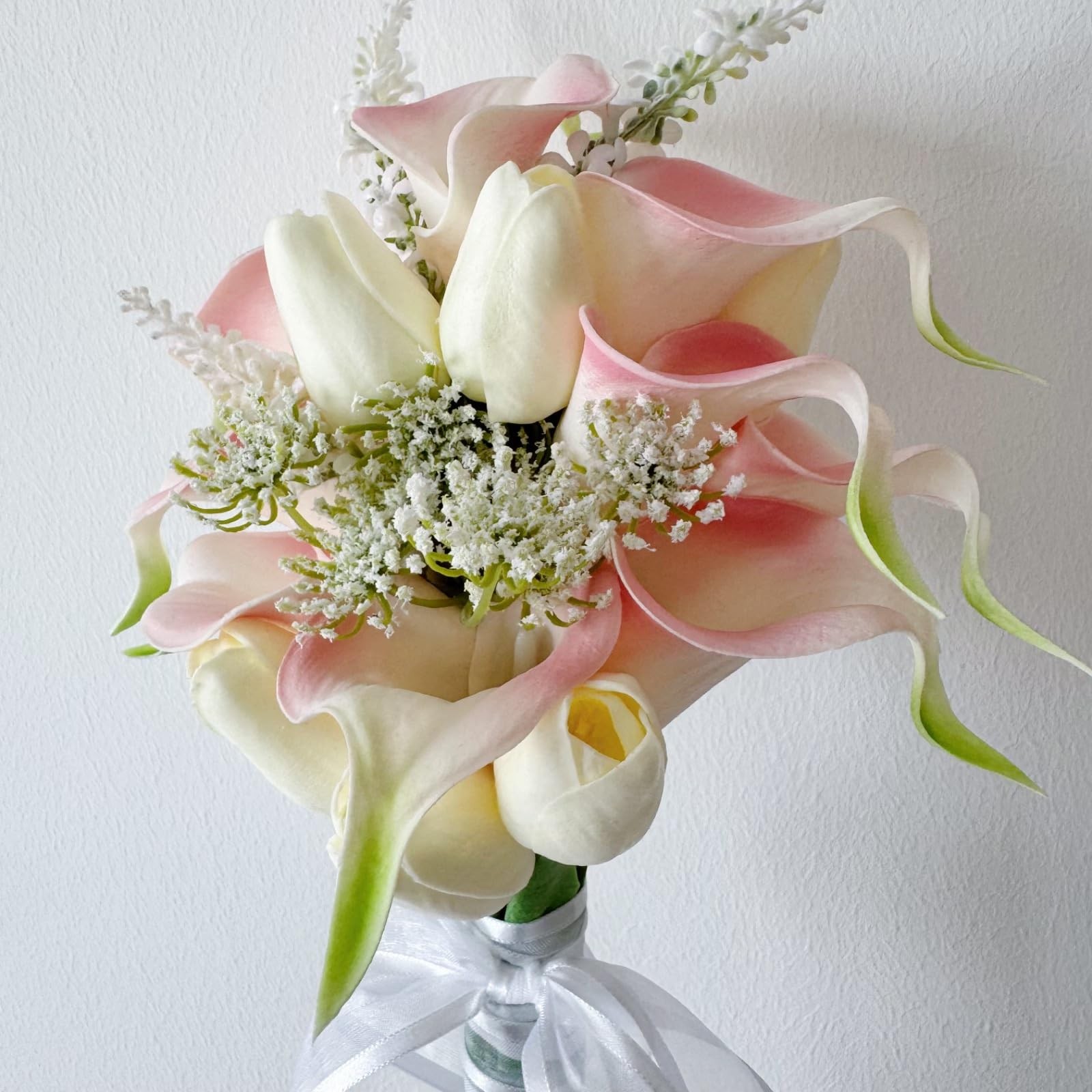 Cream Pink Floral Bouquet 12 Artificial Calla Lilies 8 Tulip Wedding Decor