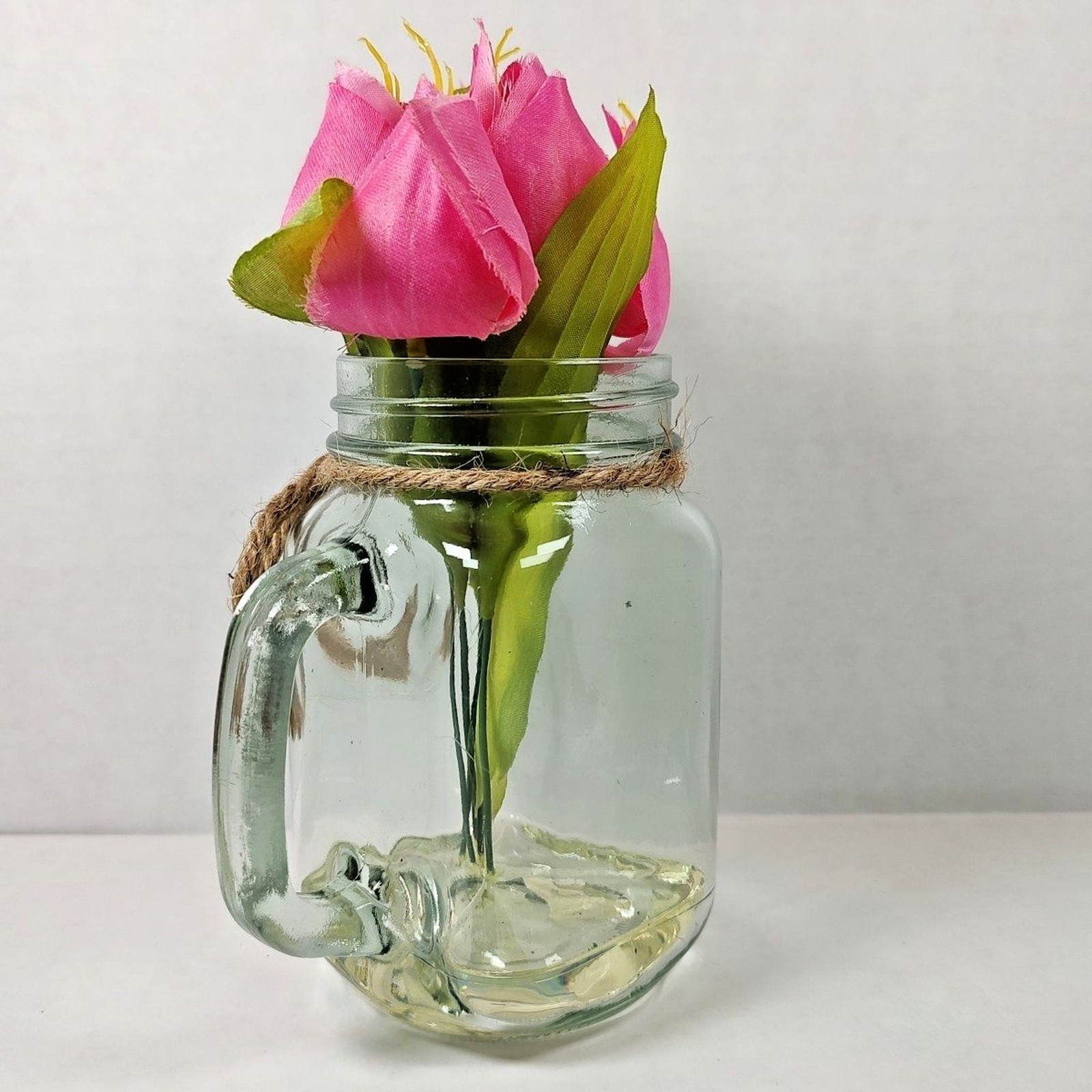 Artificial Flower Market Bouquet Arrangement Mason Jar Vase Glass w/ Handle New