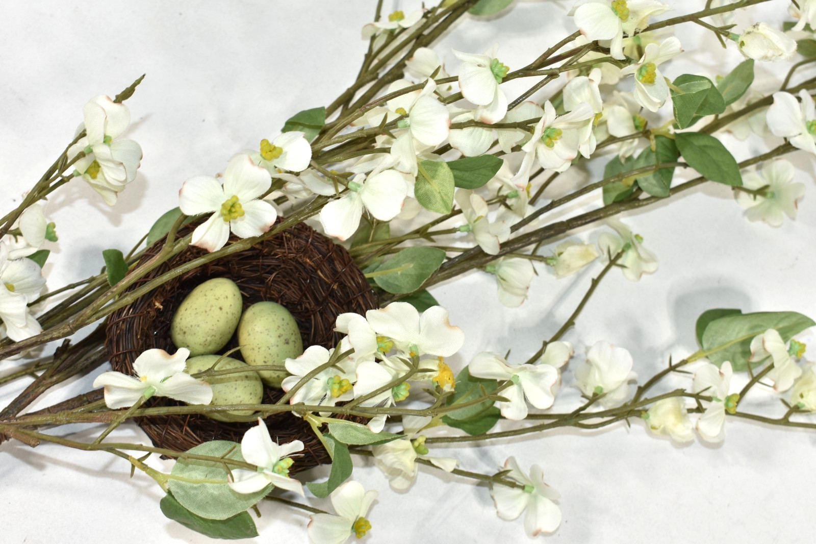 Pottery Barn Faux Dogwood Branch w/ Nest & Eggs Artificial Flowers 38″ Stem NEW