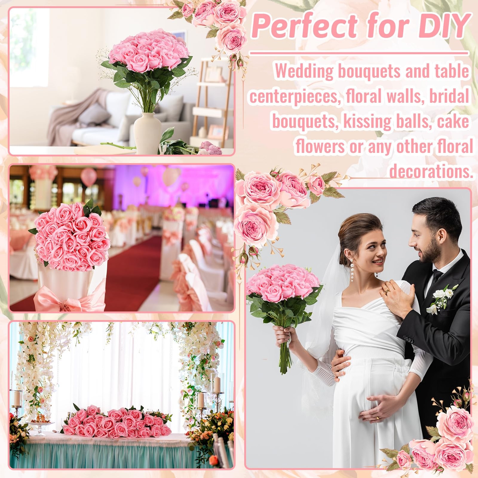 24 Pcs Pink Rose Artificial Flowers with Long Stem Real Touch Silk Plastic Bo…