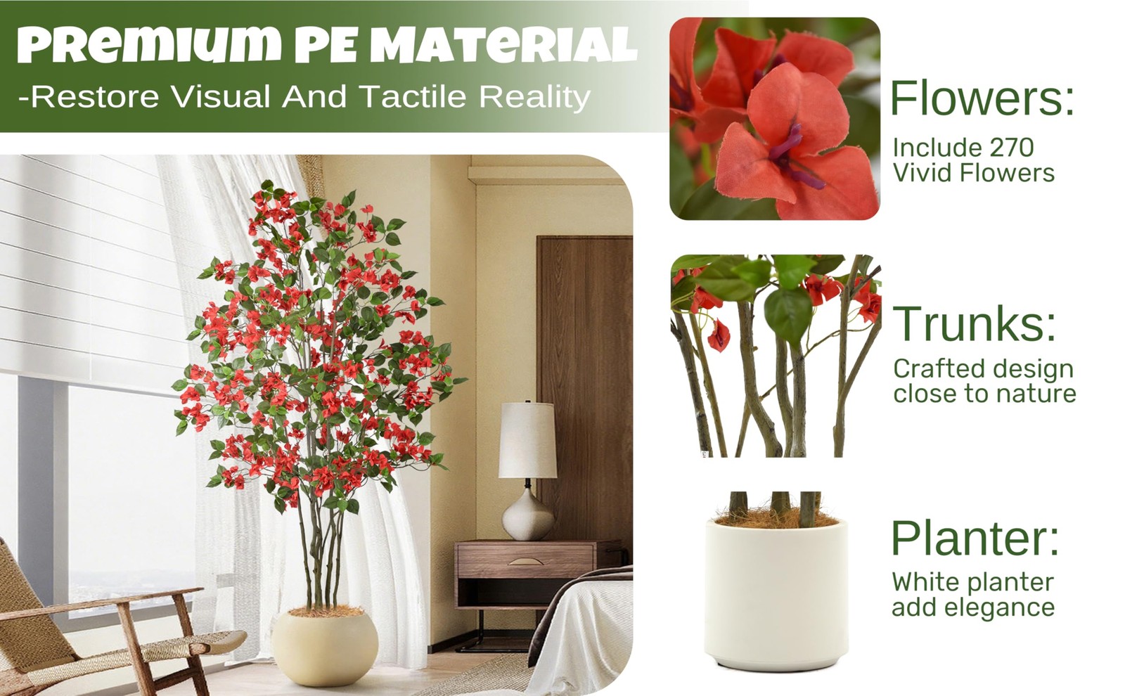 Artificial Red Bougainvillea Tree 6FT with 270 Flowers & White Planter Realis…