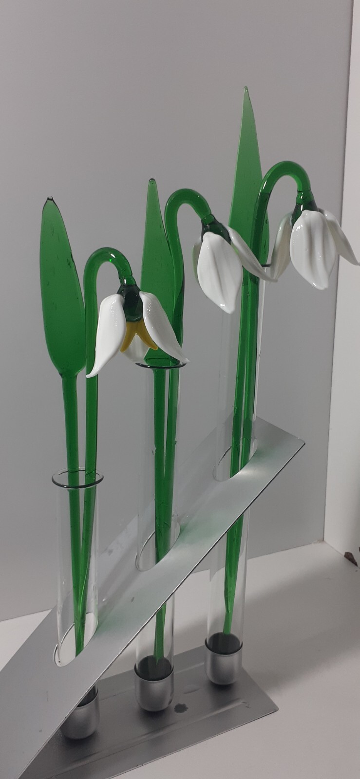 Art Glass Snowdrops Flowers Sculptures with Green Leaves & Tube Vase Home Decor