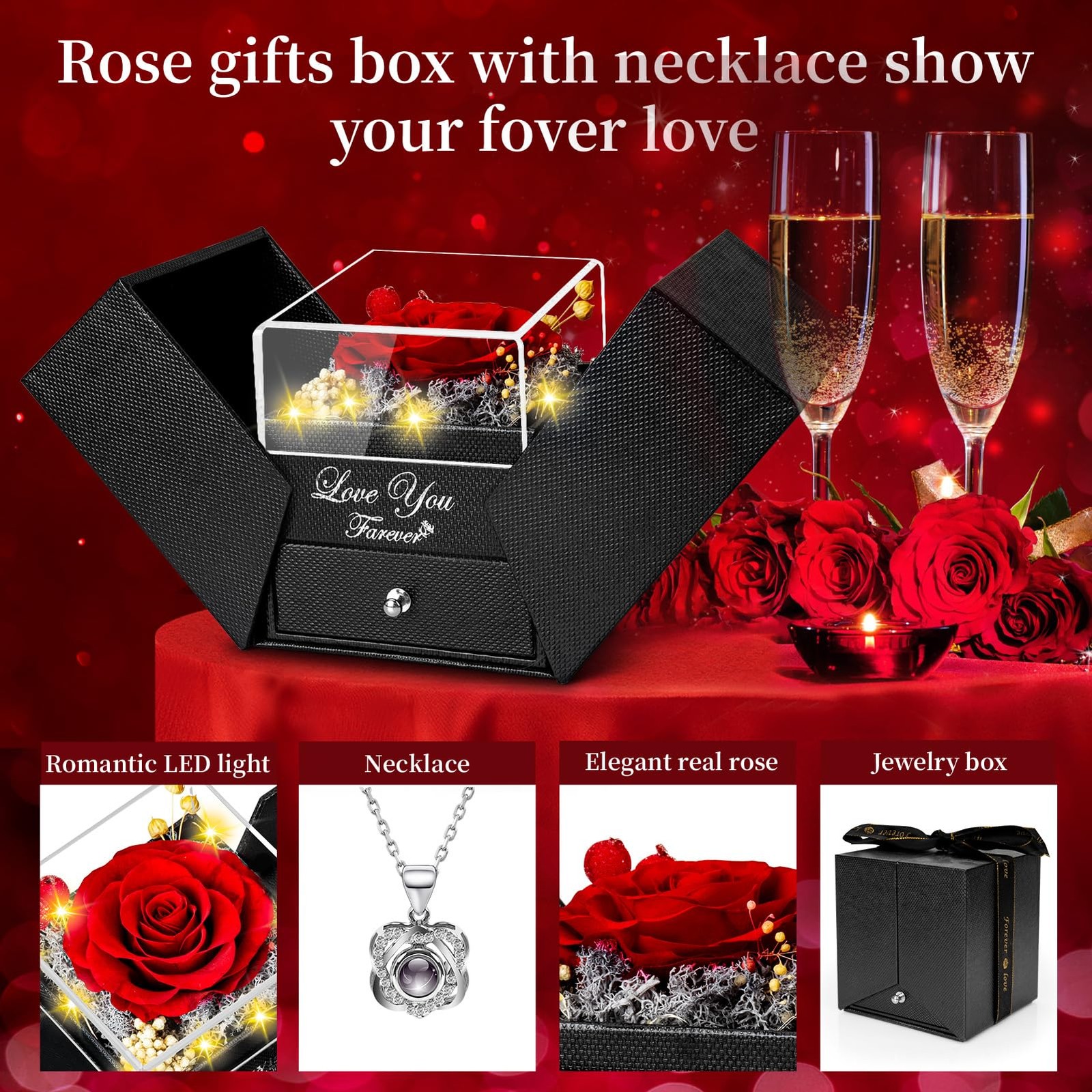 Preserved Red Real Rose with Heart I Love You Necklace -Eternal Flowers Rose …