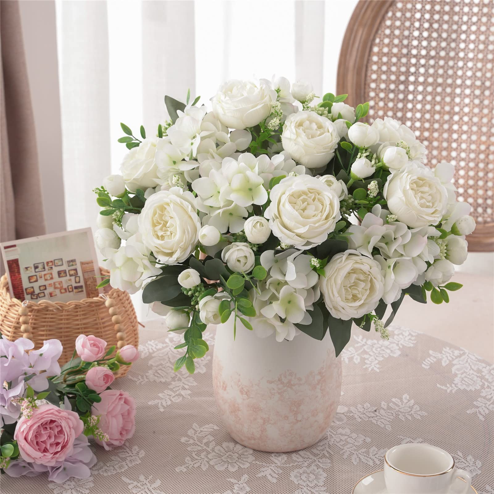 4 Bunches White Peonies Artificial Flowers Faux Roses Bouquet White Decor