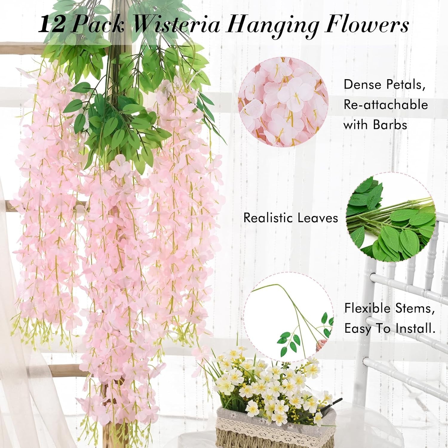 12 Pack Wisteria Hanging Flowers, 3.6 Feet Light Pink Artificial Flowers, Fak…