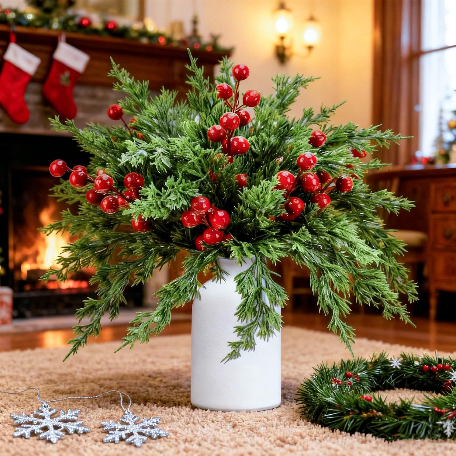 50 Pcs Christmas Artificial Pine Branches with Red Berry Stems, Fake Pine Nee…