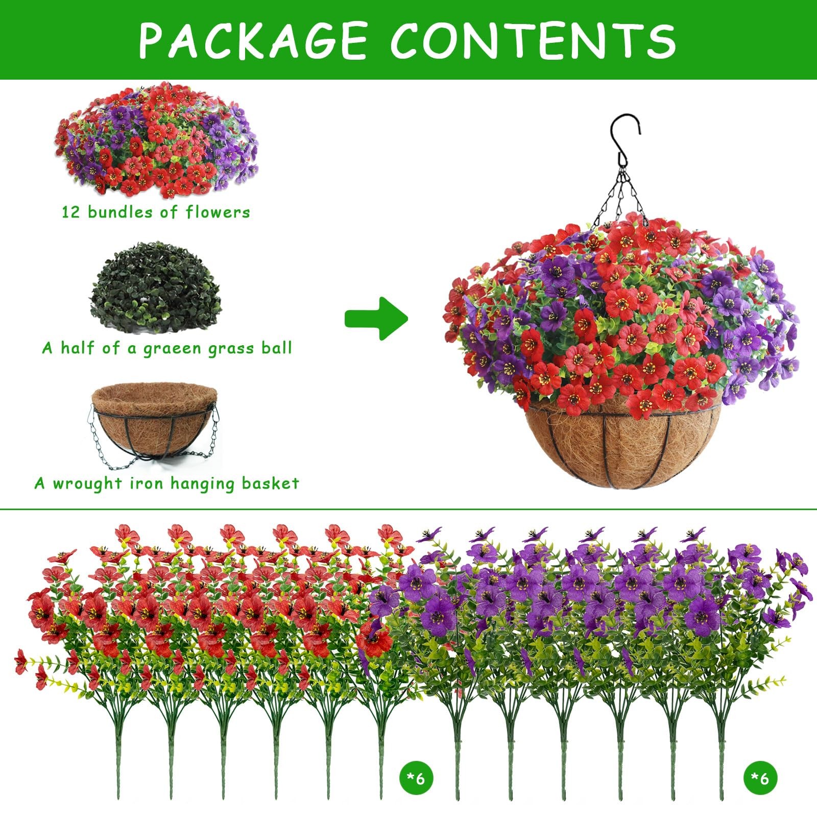 Artificial Hanging Flower Plants with Pot Planter, 12 Bundles Fake Flowers Uv…
