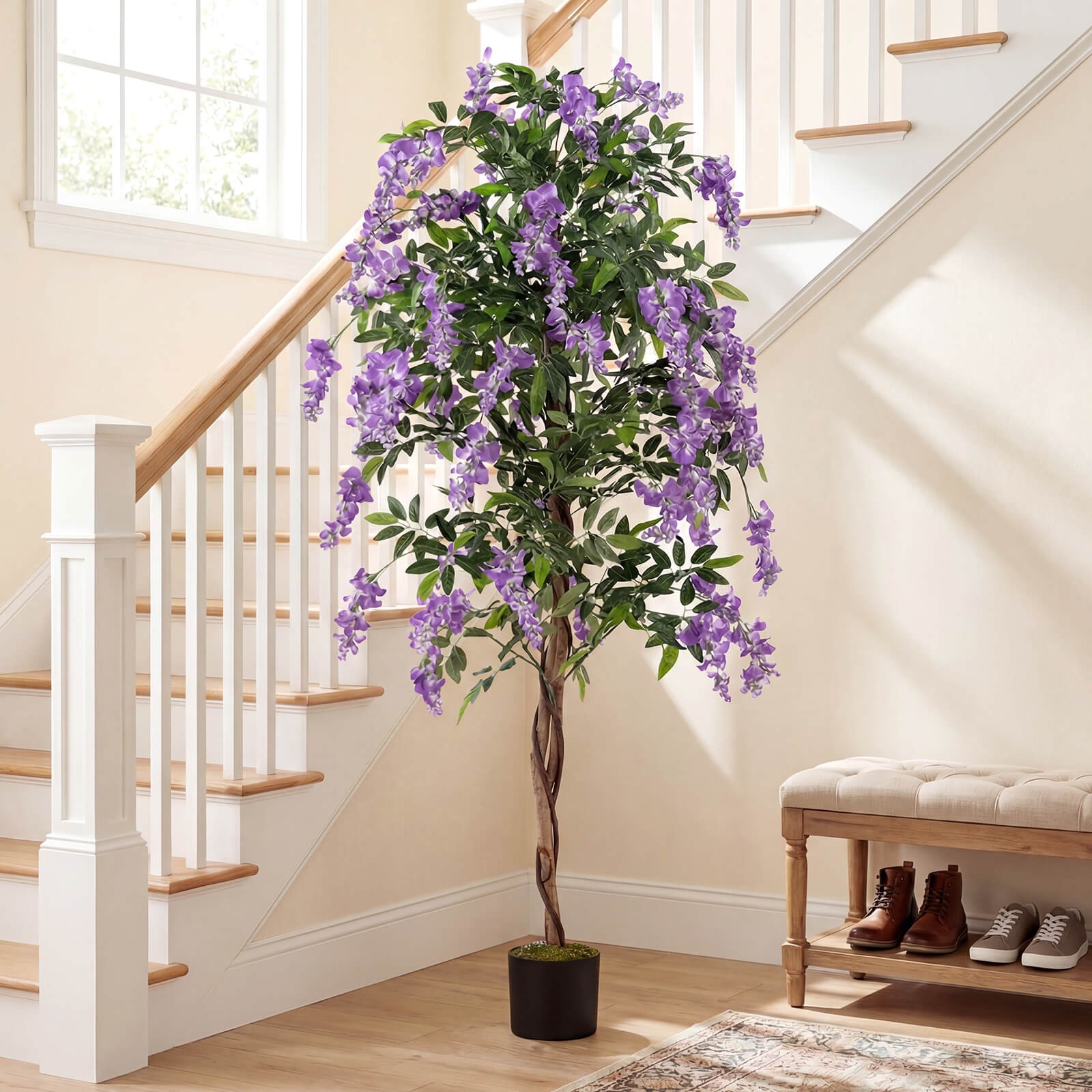 6 FT Artificial Wisteria Tree Set of 2 w/Natural Trunks Purple Lifelike Flowers