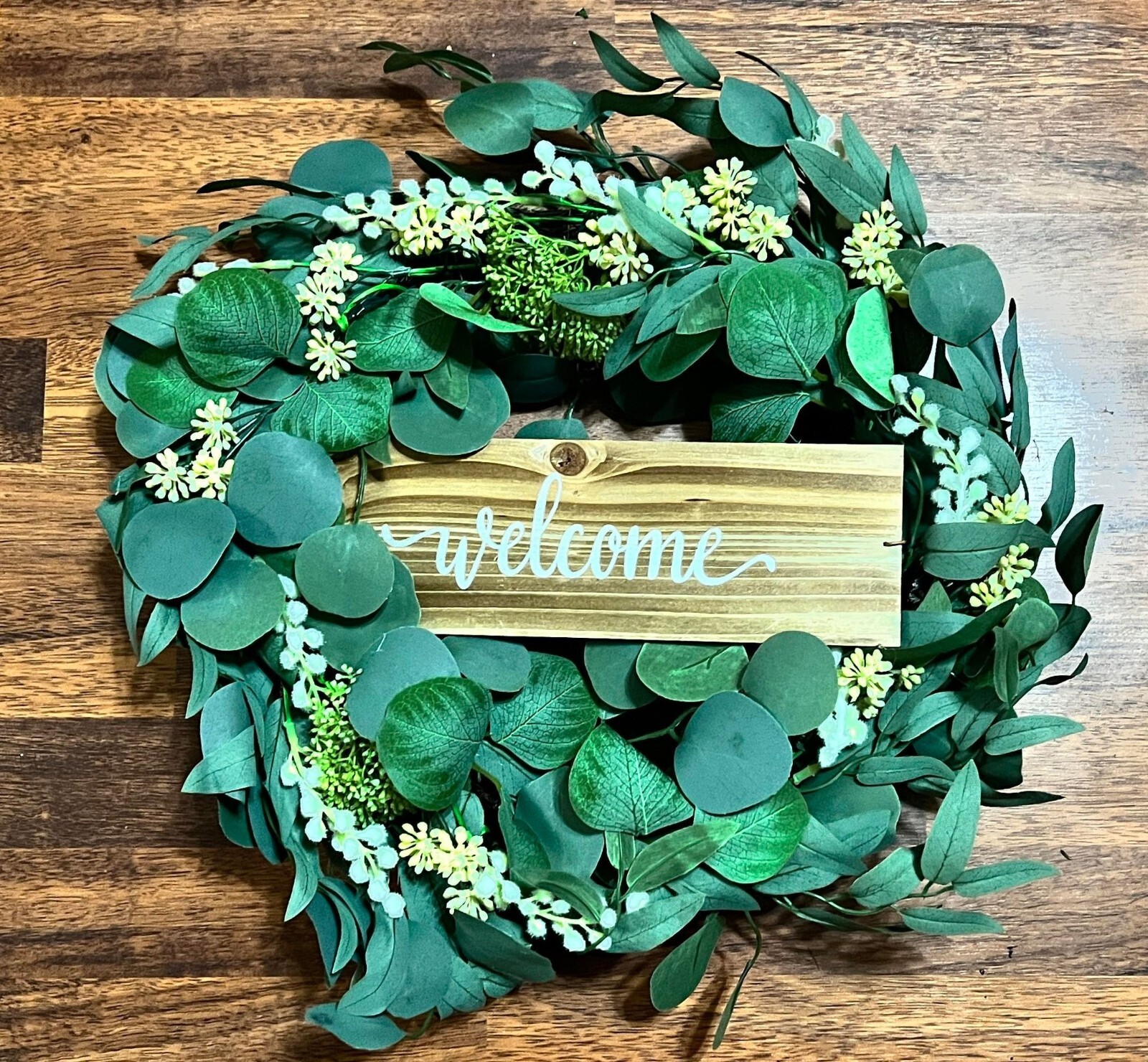 Green Artificial Eucalyptus Wreath with Welcome Sign 20in Mixed White Berries