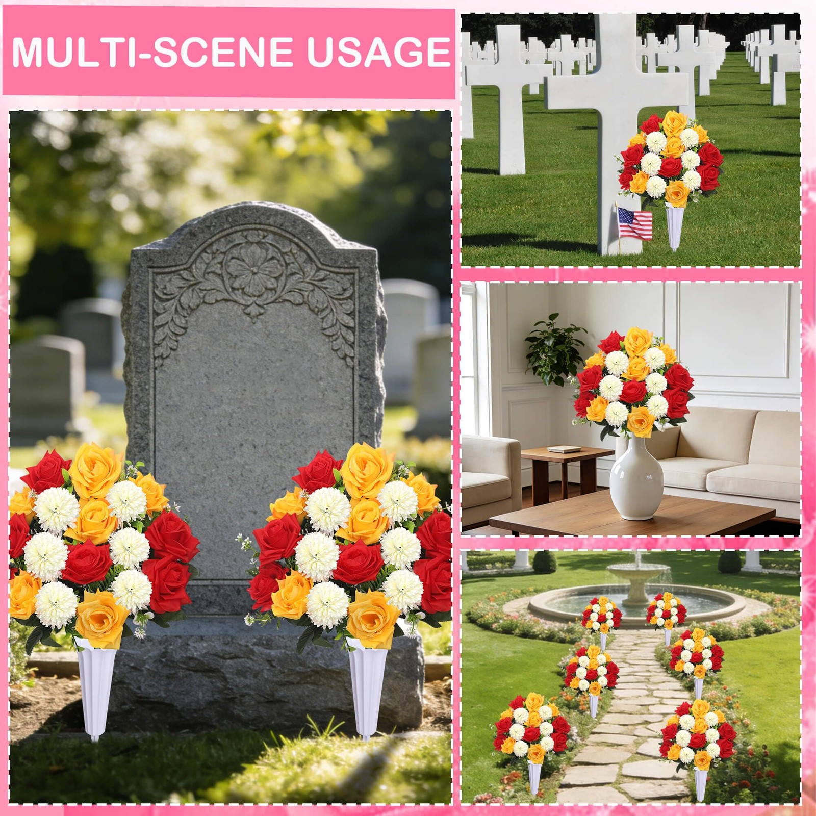 Set of 2 Artificial Bouquet Grave Memorial Flowers with Vase, Realistic Vibra…